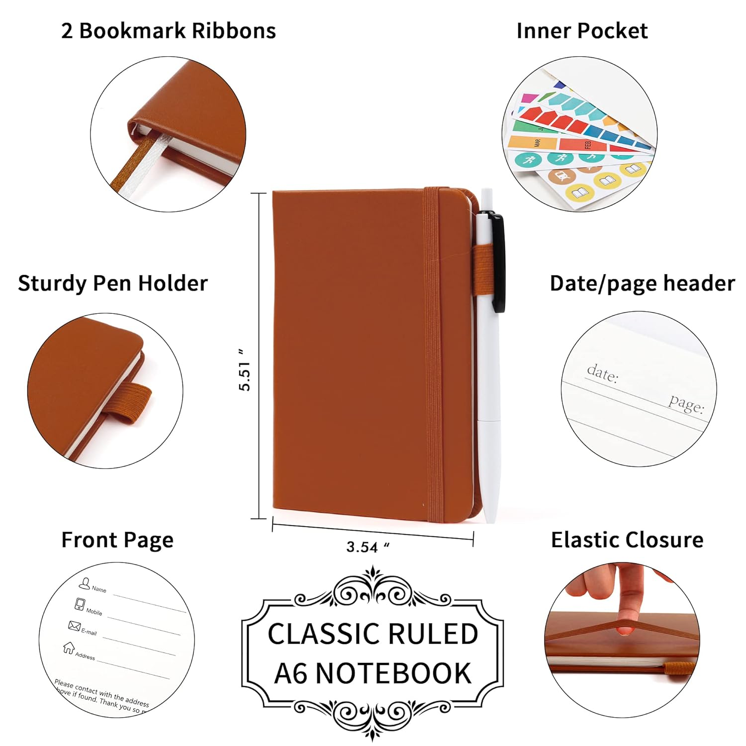 Feela 3 Pack Pocket Notebook Journals, Mini Cute Small Journal Notebook Bulk Hardcover College Ruled Notepad with Pen Holder for Office School Supplies, with 3 Black Pens, 3.5&rdquo;X 5.5&rdquo;, A6, Brown image number 4