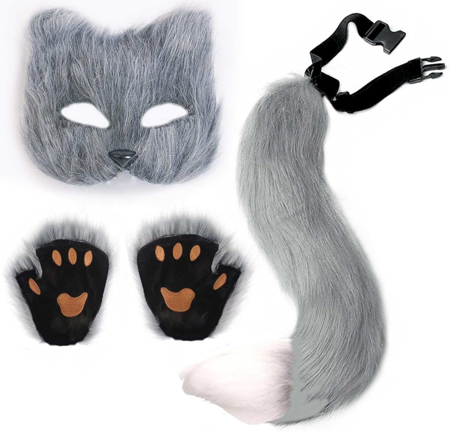 Furry Costume Wolf Costume for Girls Adult Kids Includes Fox Tail Plush Mask and Plush Paw Gloves Perfect for Halloween Costume Parties Christmas Events(Grey) image number 3