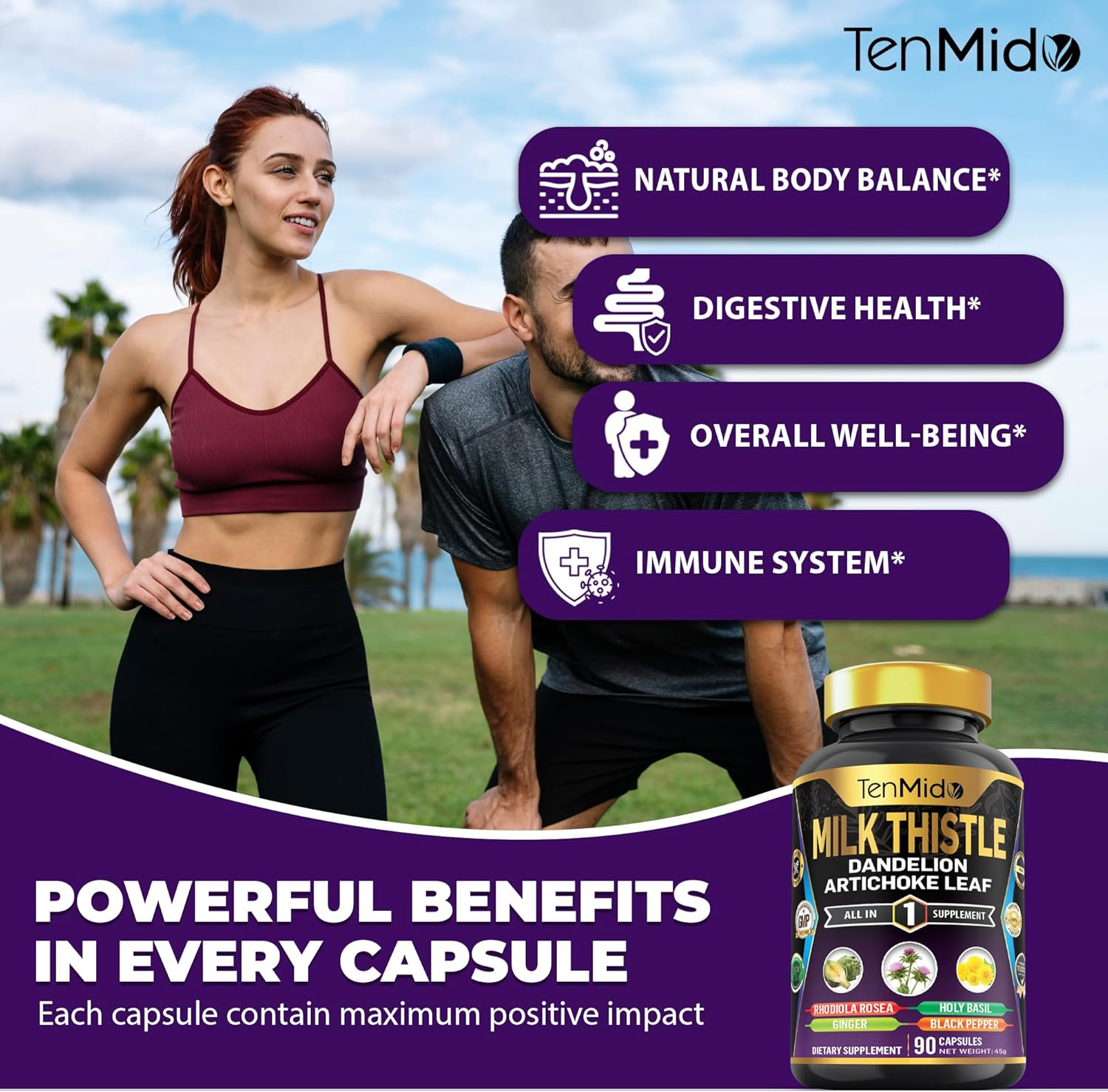 Tenmido Milk Thistle Supplements - 6In1 with Dandelion, Artichoke Leaf, Turmeric, Ginger & Black Pepper - 90 Vegan & Non-Gmo Capsules image number 6