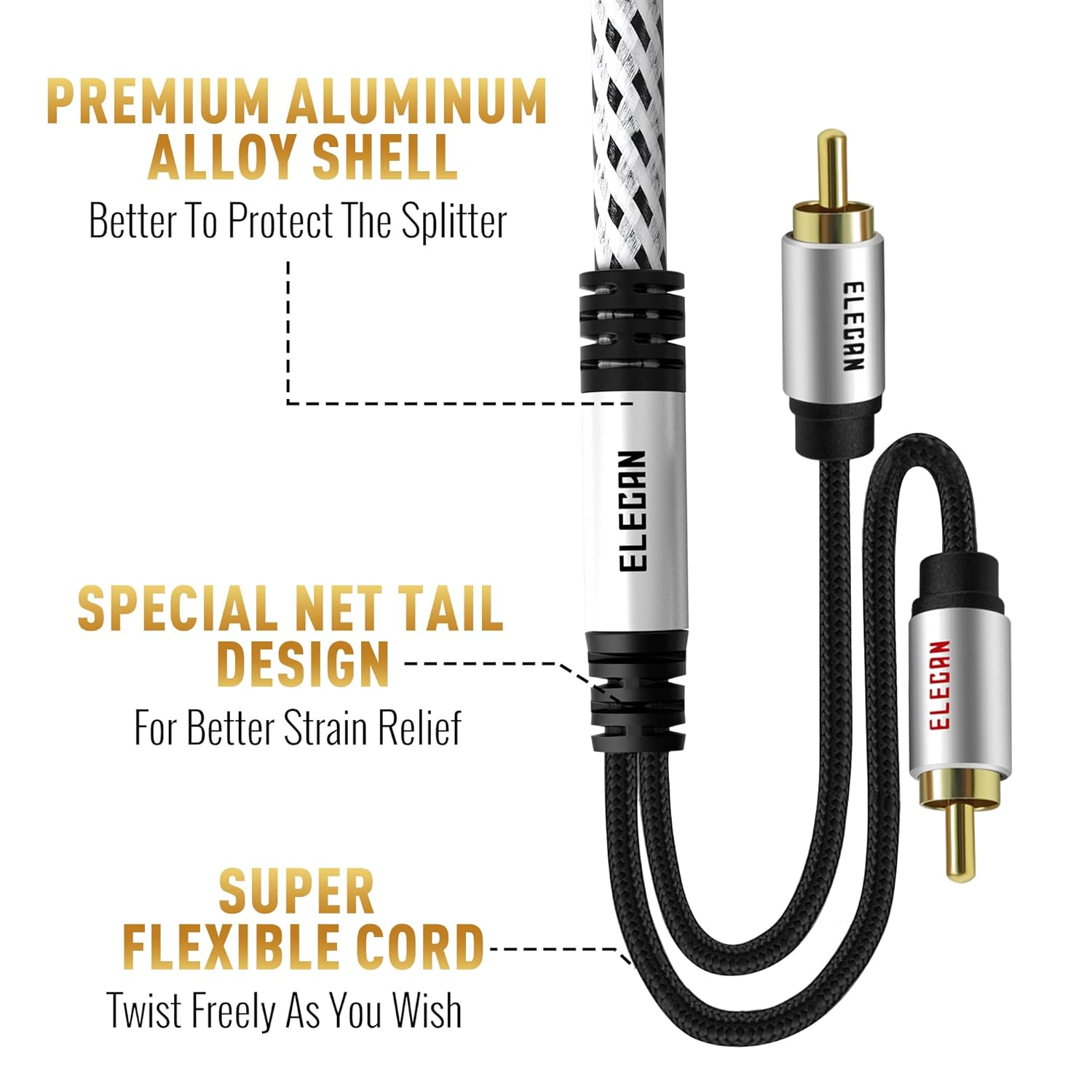 Elecan Premium RCA Cable 4 Ft (Hi-Fi Sound-16 Awg-Shielded) 2 RCA Male to 2 RCA Male Stereo Audio Cable, Gold Plated-Aluminum Alloy Shell-Pure Copper-Braided RCA Cord for Home Theater Speakers + Ties image number 4