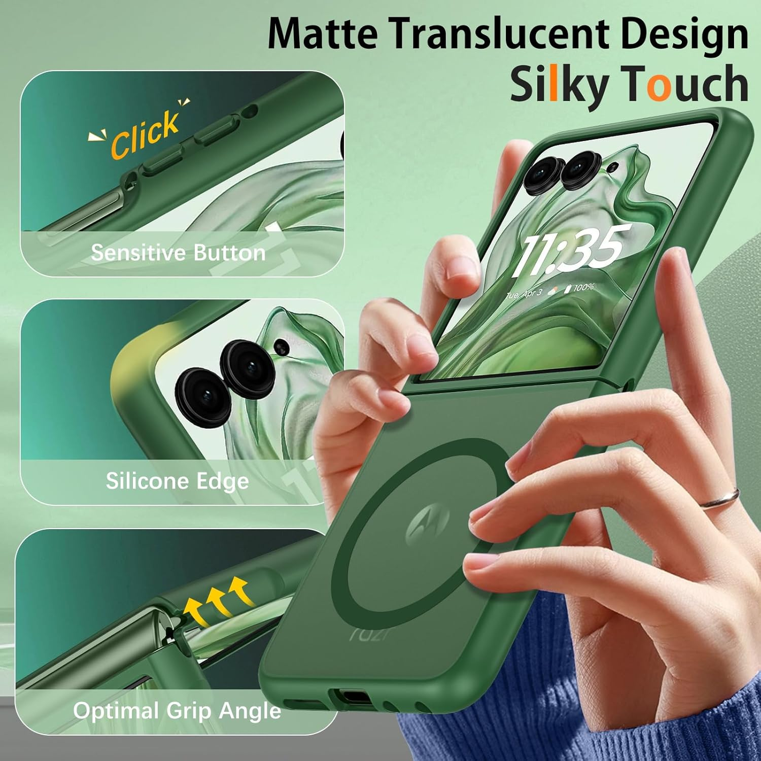 DUEDUE for Motorola Razr plus 2025/2024 Case, Moto Razr 50 Ultra 5G Case Magnetic, Protective Cover Shockproof Phone Case for Motorola Razr+ plus 2025/2024/Moto Razr 50 Ultra 5G 6.9", Green - Clear image number 6