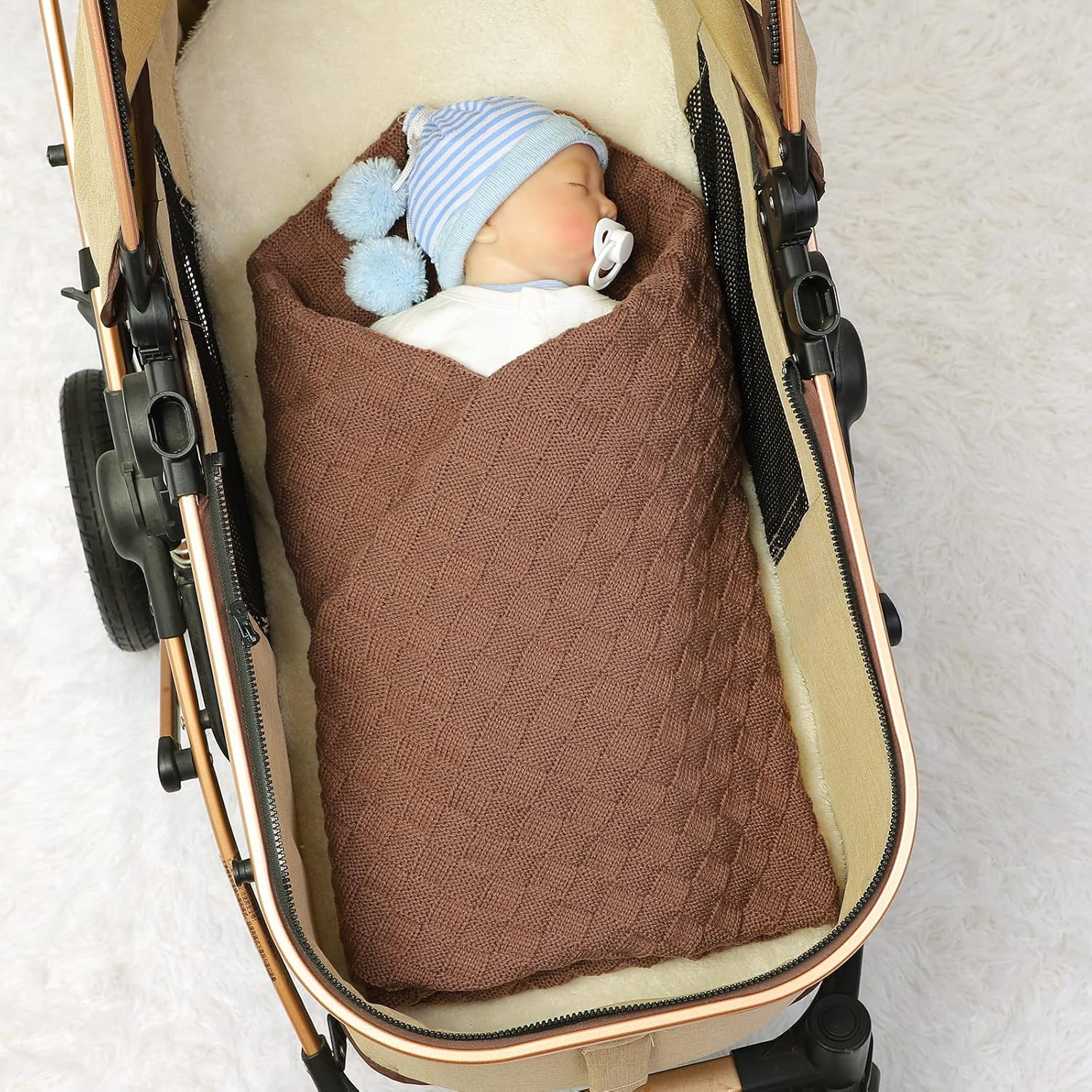 LAWKUL Baby Blankets Knit Cable Babe Blanket Soft Airy Newborn Infant Receiving Swaddling Brown Neutral Crib Stroller 40"X30" - Beige image number 6
