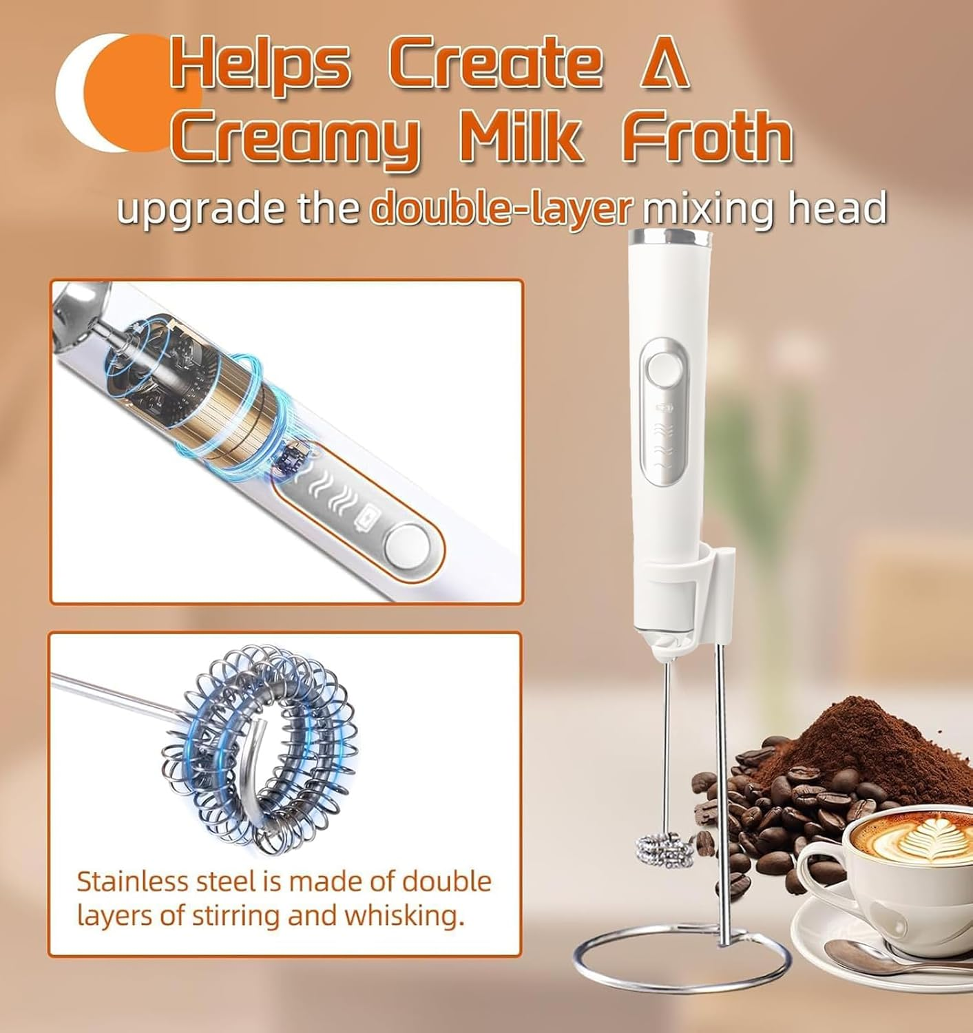 Milk Frother Handheld Rechargeable with Stand, Multi-Function Coffee Frother with 3 Stainless Steel Whisks 3 Speeds,Whisk Foam Maker for Coffee, Lattes, Cappuccino, Matcha, Hot Chocolate & Creamer - Black image number 3