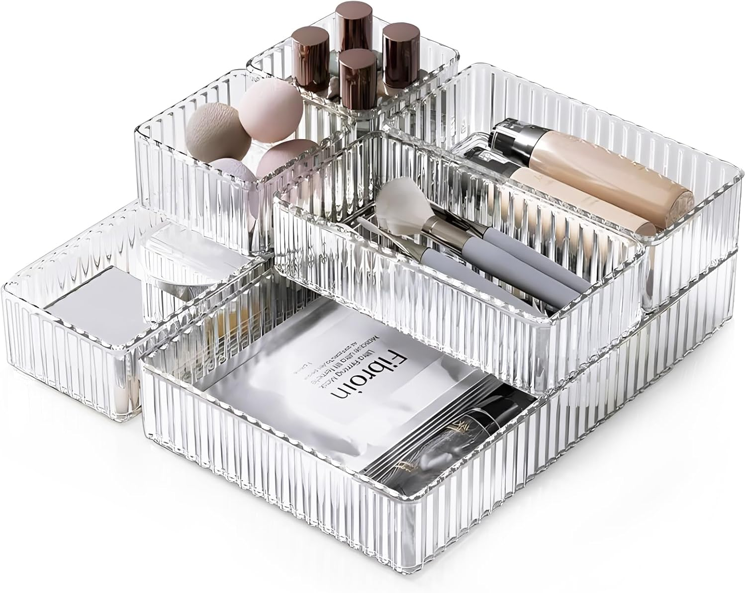 7 PCS Clear Drawer Organizers Bins, 4-Size Stackable Makeup Organizer Trays, Drawer Storage Containers, Desk Organiser for Kitchen Bathroom Makeup Office