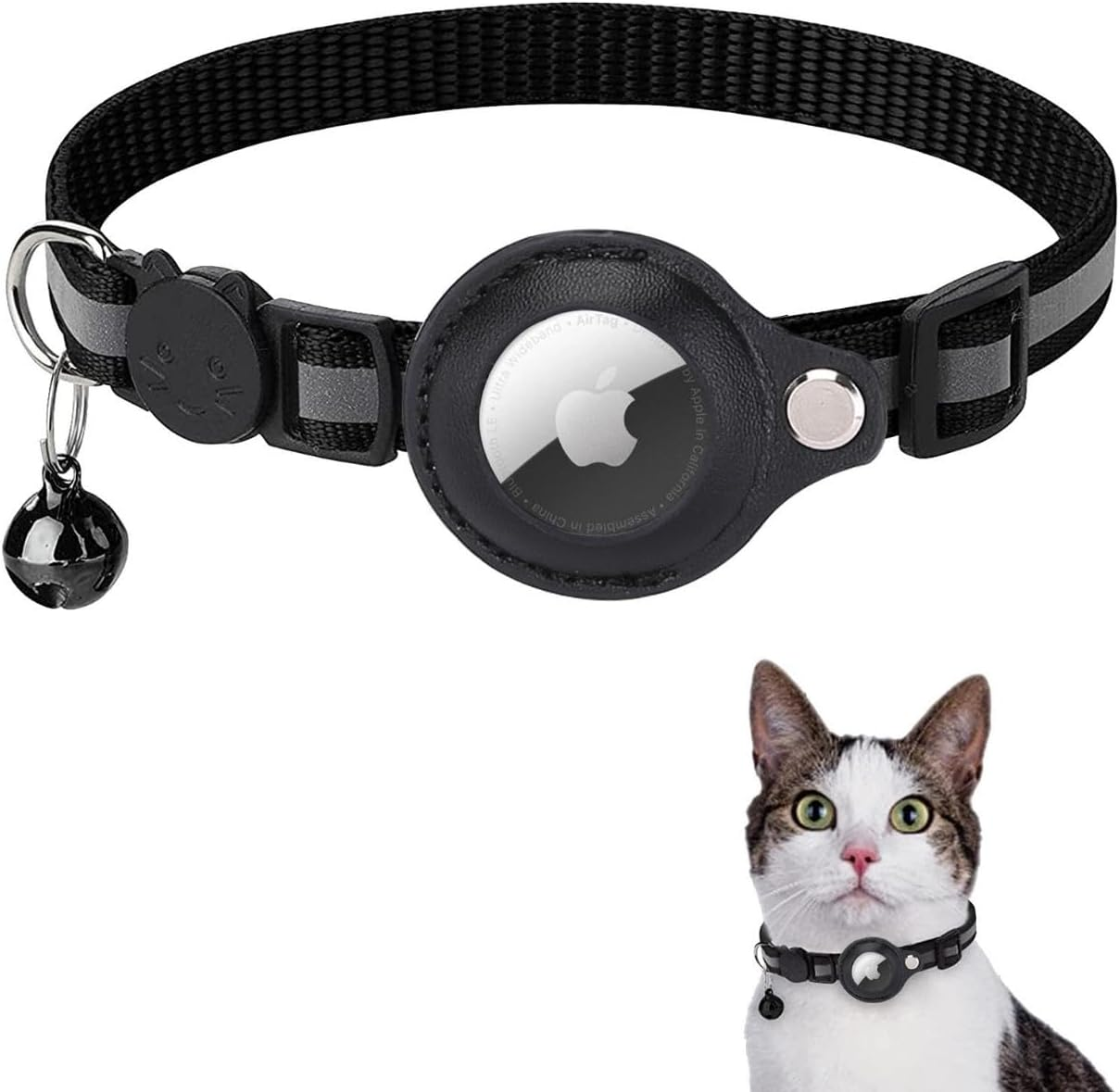 Airtag Cat Collar, Reflective Air Tag Cat Collar with Airtag Holder and Bell, Lightweight Cat Tracker Collar, Cat Airtag Collar with Breakaway Safety Buckle for Cat Dog Kitten Puppy (Black)