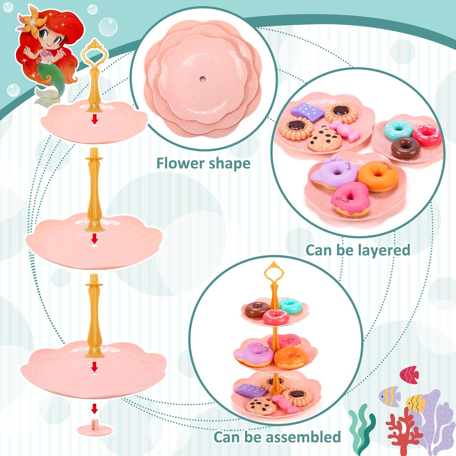 REMOKING 45PCS Mermaid Toys Tea Set for Girls,Birthday Gifts for Age 3+ Year Old Kids,Pretend Teapot,Dessert Playset, Carrying Case for Role Play,Princess Toy for Girls 2-6 Year Old image number 2