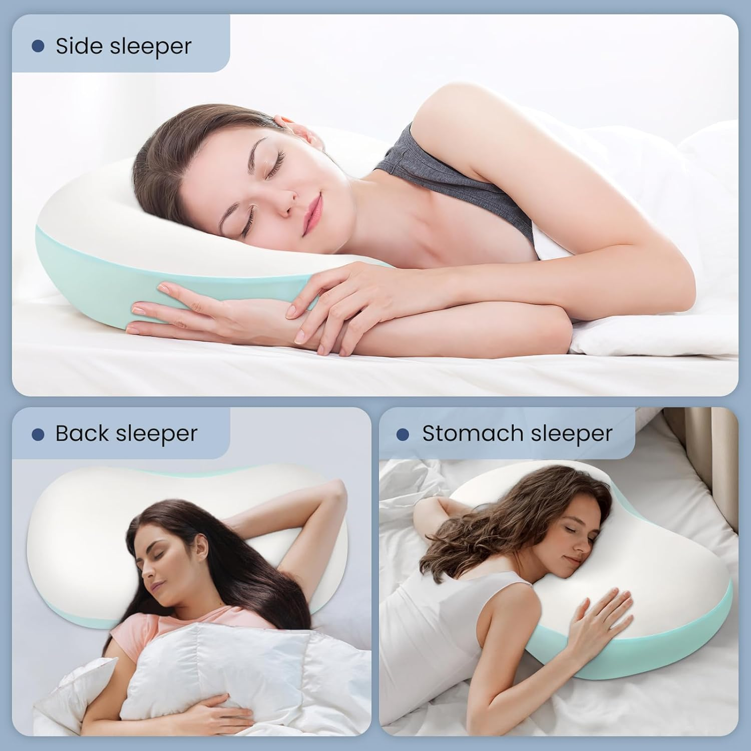 JINXIA Memory Foam Cloud Pillow for Sleeping, Cervical Pillow for Shoulder and Back Pain Relief, Ergonomic Contour Pillow for Side & Back & Stomach Sleepers with Breathable Pillowcase- White and Blue image number 5