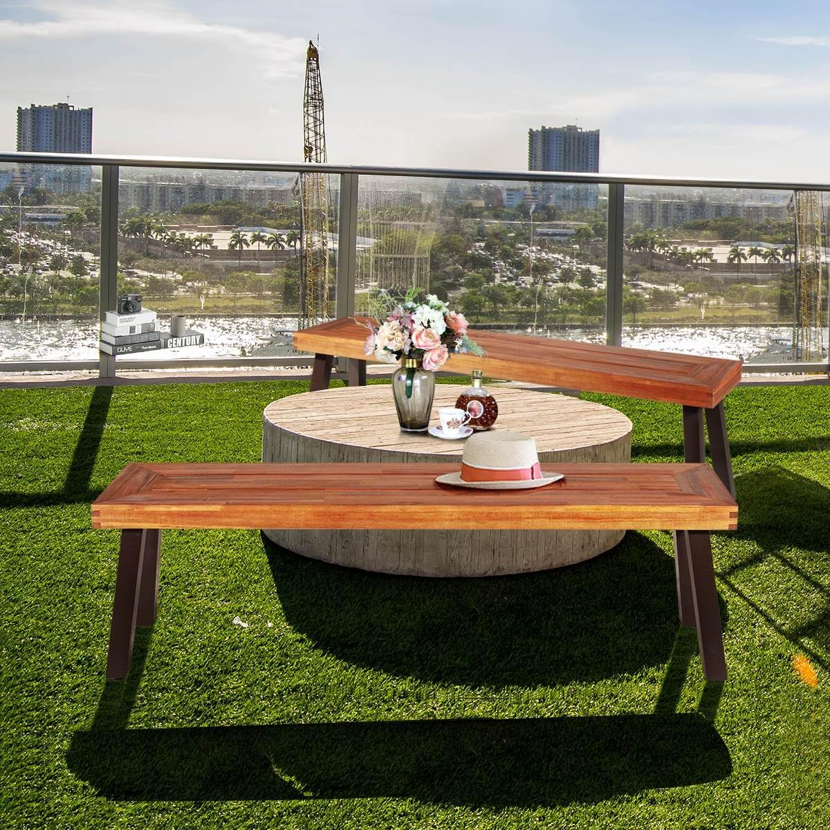 Costway Outdoor Acacia Wood Bench, Patio Dining Wood Bench with Rustic Steel Legs, Natural Bench Backless Dining Stool Seating for Garden Poolside Living Room Balcony, Red Brown (2)