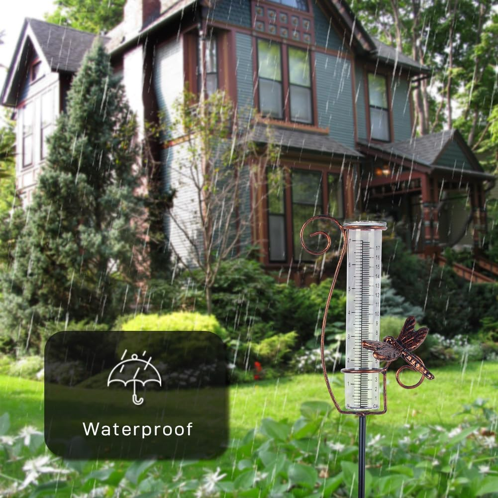 HOBYLUBY Dragonfly Rain Gauge Outdoor, 7 Inch Metal Rain Gauges for Measuring Precipitation, Patio, Garden Yard Decor image number 1