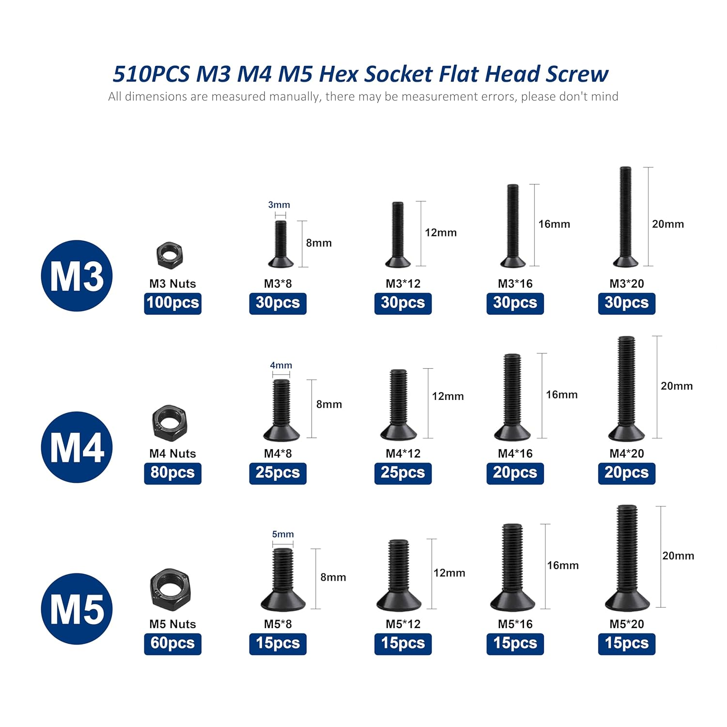 Fullfun 510PCS M3 M4 M5 Hex Socket Flat Head Screw Bolts Nuts Assortment Kit, Alloy Steel Metric Screws with 3PCS Allen Wrenches, Allen Socket Hex Drive Black Machine Screws Set image number 1