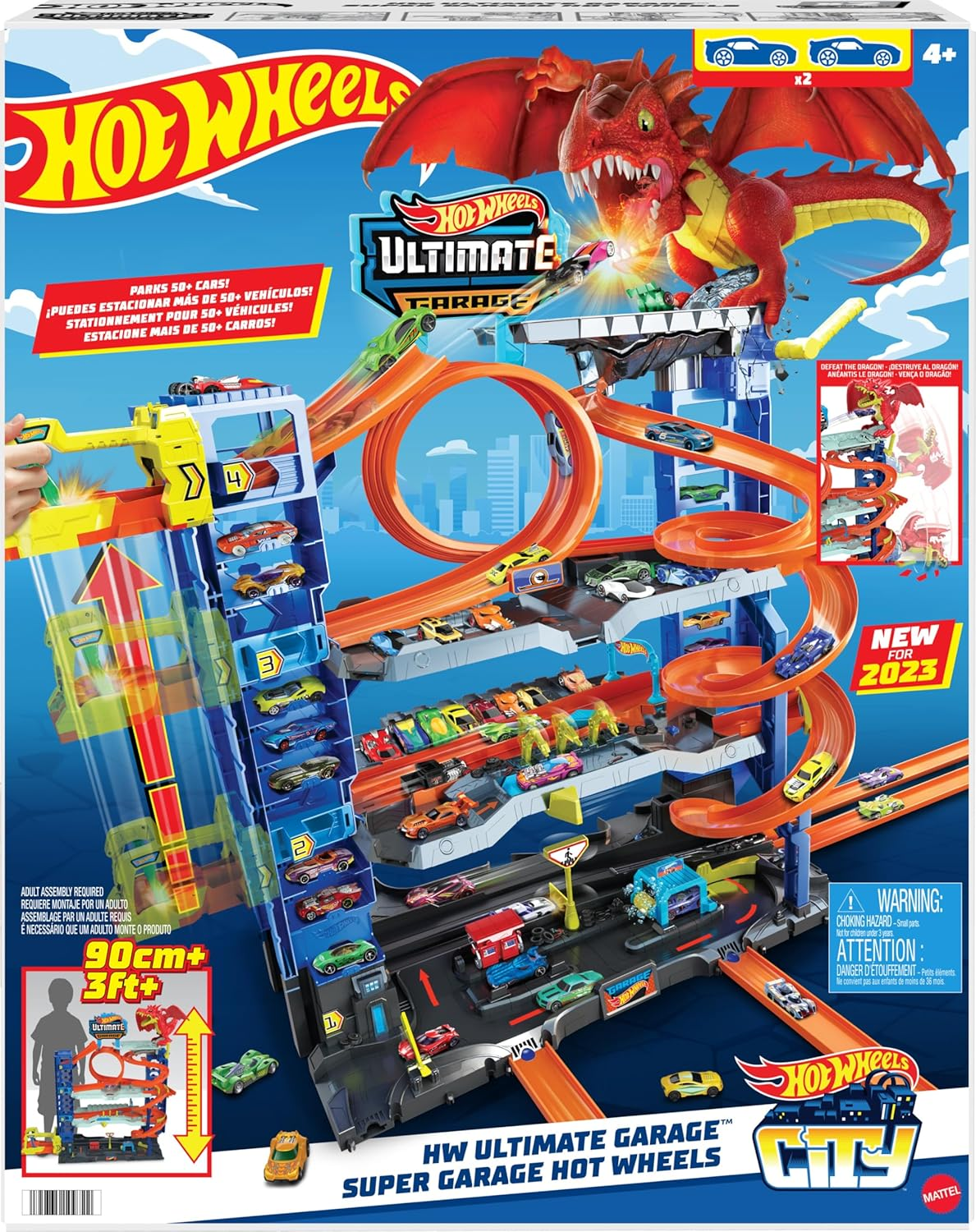 Hot Wheels City Toy Car Track Set Ultimate Garage with 2 Die-Cast Toy Cars & Car-Eating Dragon, Stores 50+ Vehicles, 4 Levels