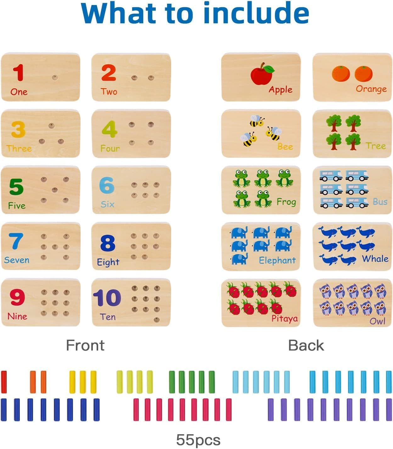 Peg Board Toddler Toys, Montessori Number Counting Blocks Toys with 55 Pegs, Wooden Math Manipulatives, Montessori Math and Numbers, for Kids and Kindergarten Learning Activities image number 4