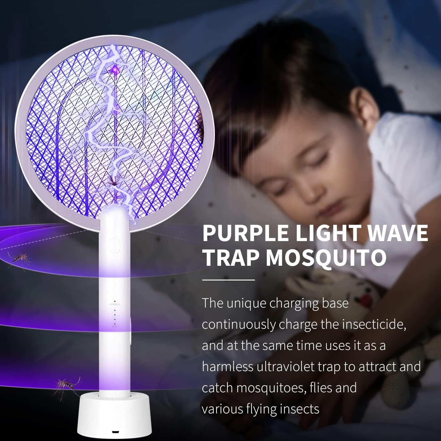 STORMHERO Electric Fly Swatter Zapper, Mosquito Swatter Racket Bug Zapper, USB Rechargeable Mosquito Killer, 3-Mode Wireless Fly Zapper with Trapping Light and Base for Indoor, Outdoor, Camping image number 6