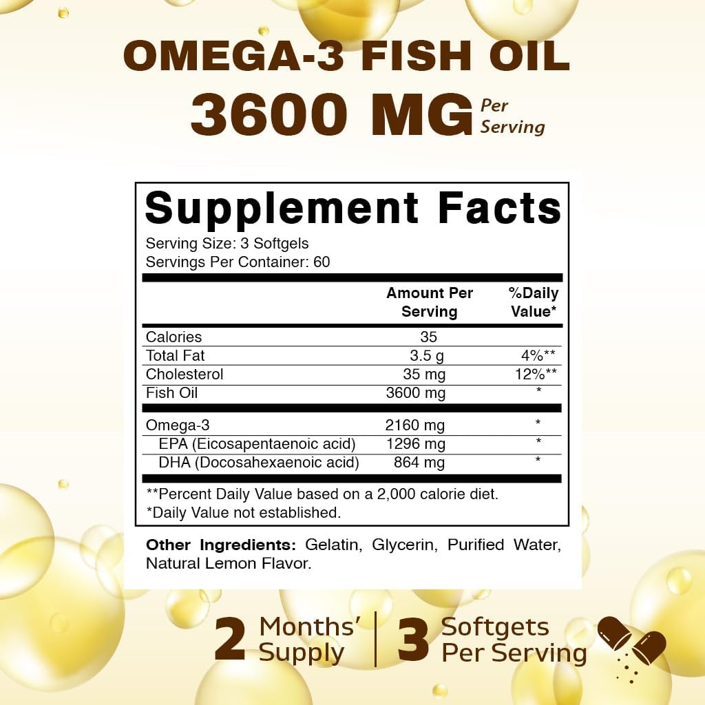 Vitamatic Triple Strength Omega 3 Fish Oil 3600Mg per Serving, 2160Mg Omega 3 Fatty Acids, 1296Mg EPA + 864Mg DHA, Burpless Lemon Flavor, 180 Softgels image number 2