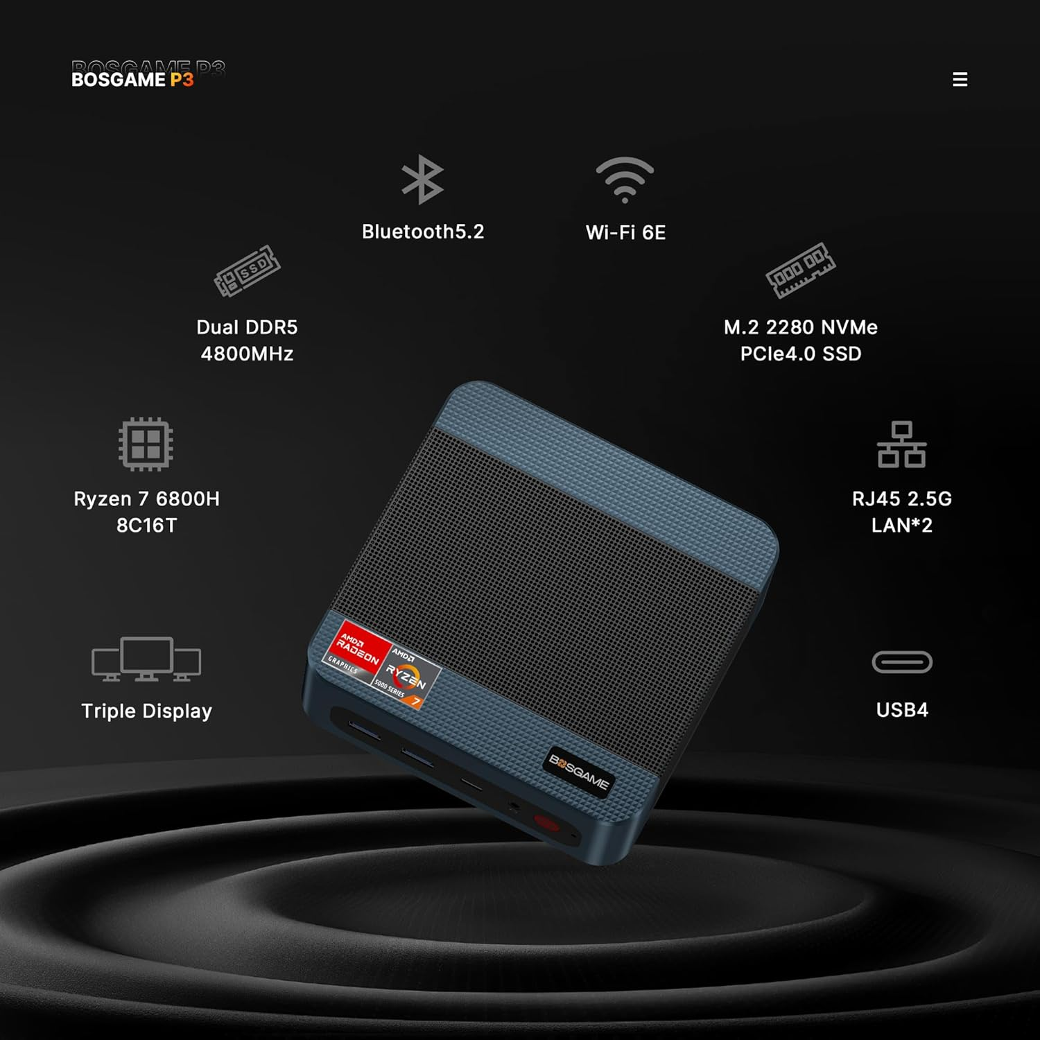 Mini PC Ryzen 7 6800H (Up to 4.7Ghz, 8C/16T) BOSGAME P3 Mini Desktop Computers DDR5 32GB RAM 1TB M.2 Nvme Pcie 4.0 SSD, Mini PC Windows 11 Pro Dual 2.5G RJ45 LAN, USB-C 4.0 Wifi 6E USB 3.2 Gen2 image number 2