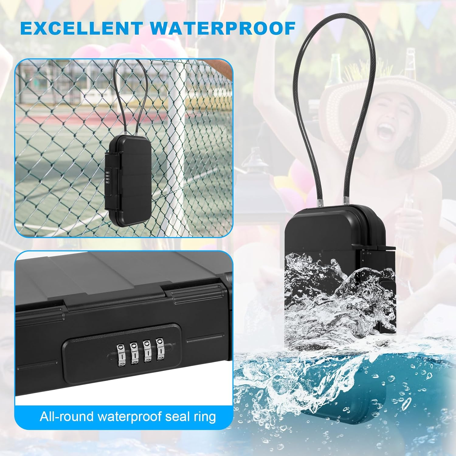 Portable anti Theft Safe Box 4 Digit Combination Security Case Lockbox with Removable Wire Rope IPX7 Waterproof Travel Safe Box for Office Car Dorm Hotel image number 6