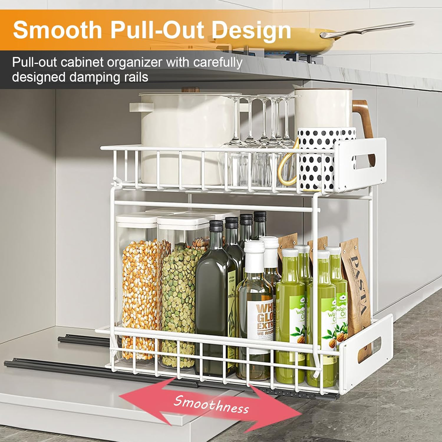 2-Tier under Sink Organizer and Storage, Adhesive Pull Out Cabinet Organizer, Peel and Stick Slide Out Drawer Shelf, Multi-Purpose Metal under Sink Storage Rack for Kitchen, Pantry, Bathroom (White) - Black image number 5