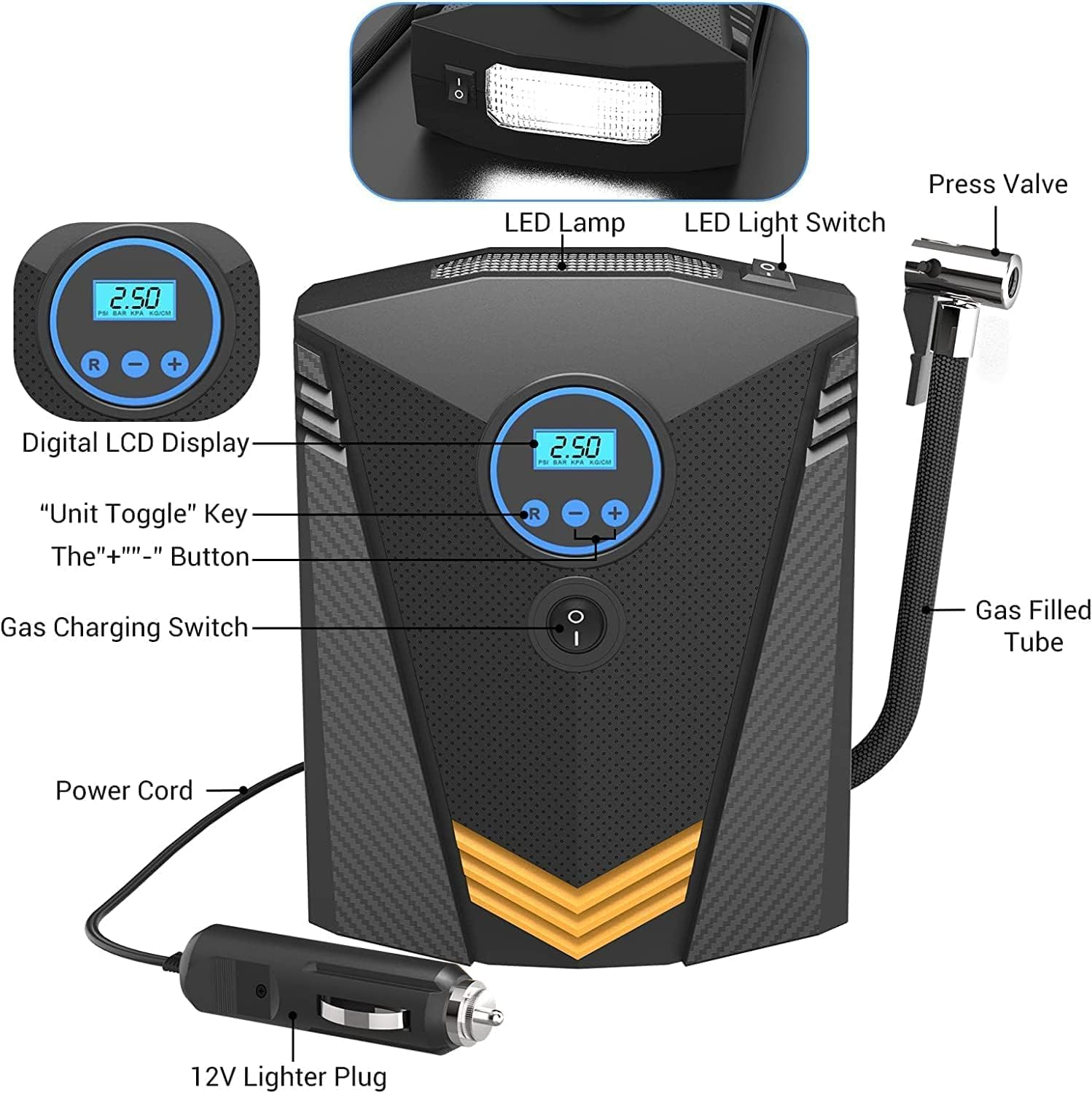 Air Compressor Tire Inflator, Portable 150PSI DC12V Air Pump 9.5FT Cord with Digital Pressure Display with LED Light, for Car, Bicycle and Other Inflatables image number 6