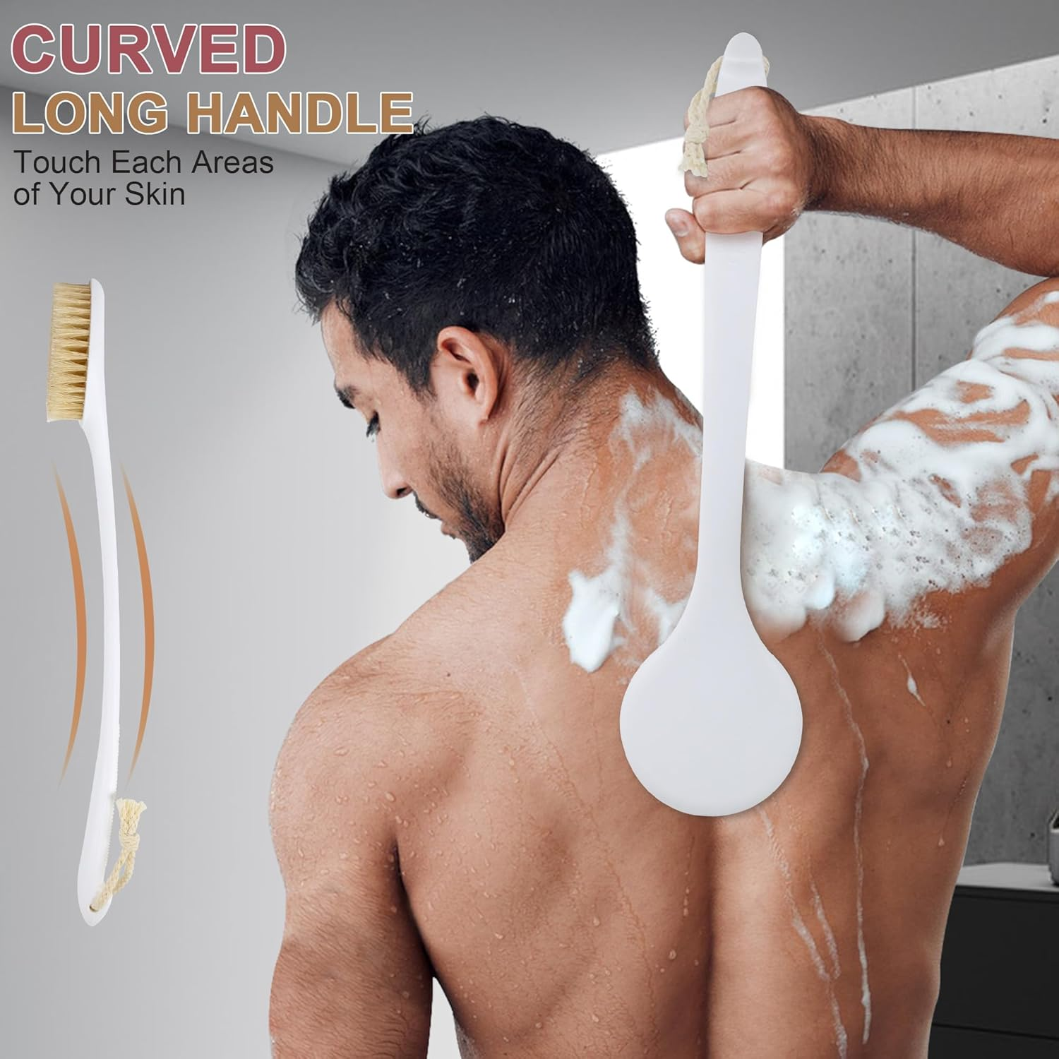 OWIIZI Back Scrubber for Shower with Natural Bristles anti Slip Bath Brushes Long Handle Antiskid Shower Body Scrubber for Wet or Dry Exfoliating Back Scrub Deep Cleanse image number 6