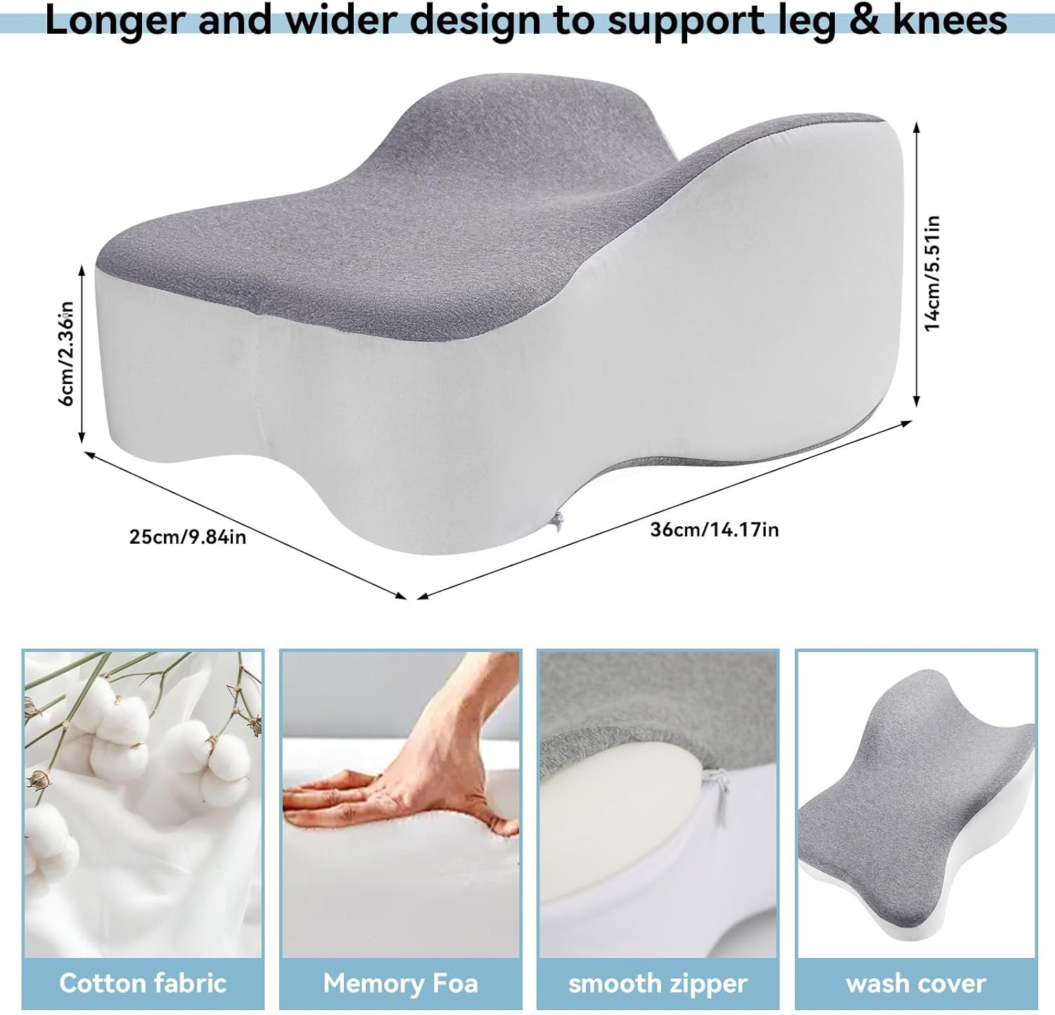 Knee & Leg Pillow for Side Sleepers - Cooling Longer Memory Foam Leg Pillow for Side Sleeping, Support between Legs, Soothing and Relief for Hip, Sciatica, Back, Knees Spine & Joints Pain