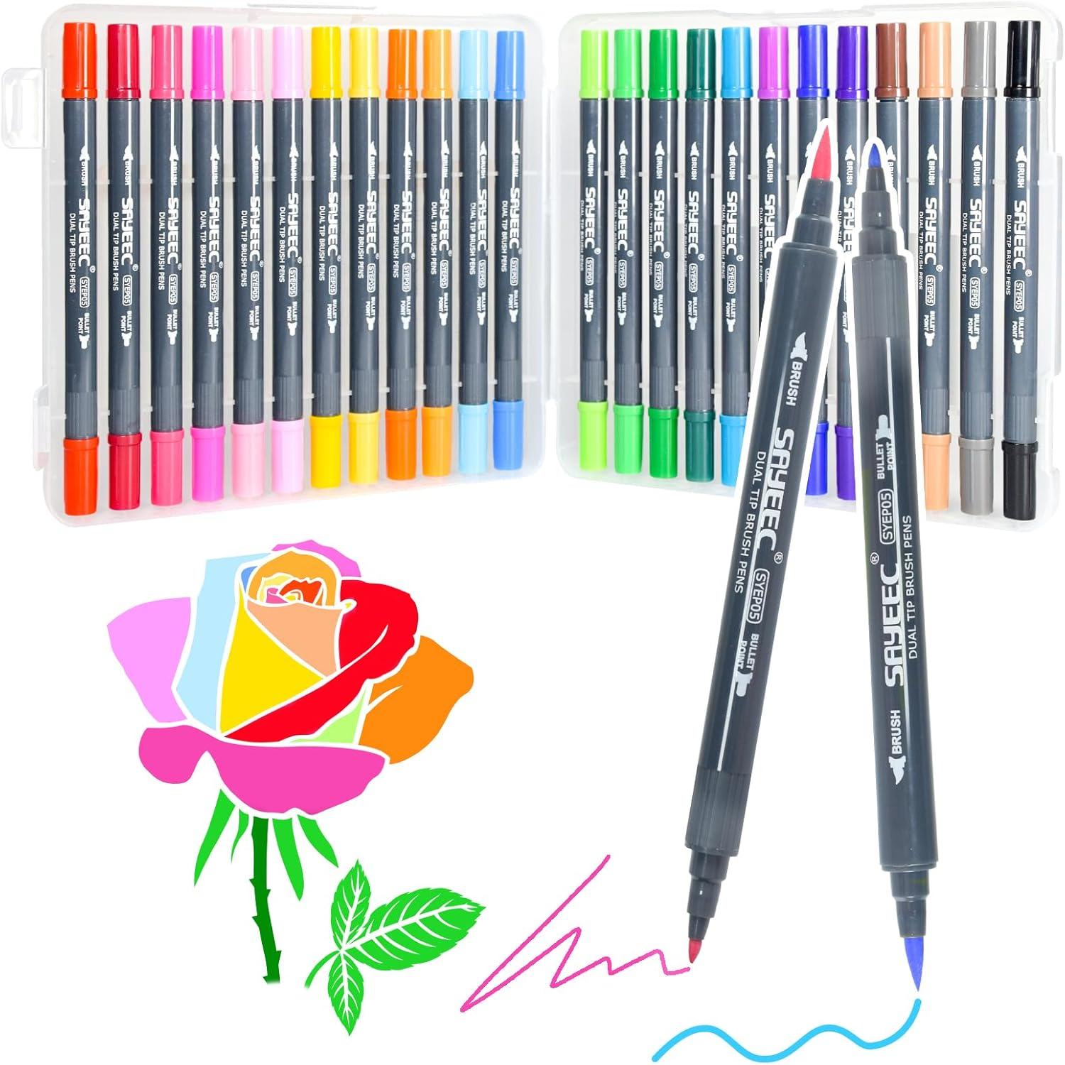 SAYEEC Watercolor Dual Brush Pens 24 Colors Art Coloring Markers Fine and Brush Tip Drawing Pens Artist Colored Markers for Adult Coloring Books Doodling Bullet Journaling Hand Lettering Calligraphy