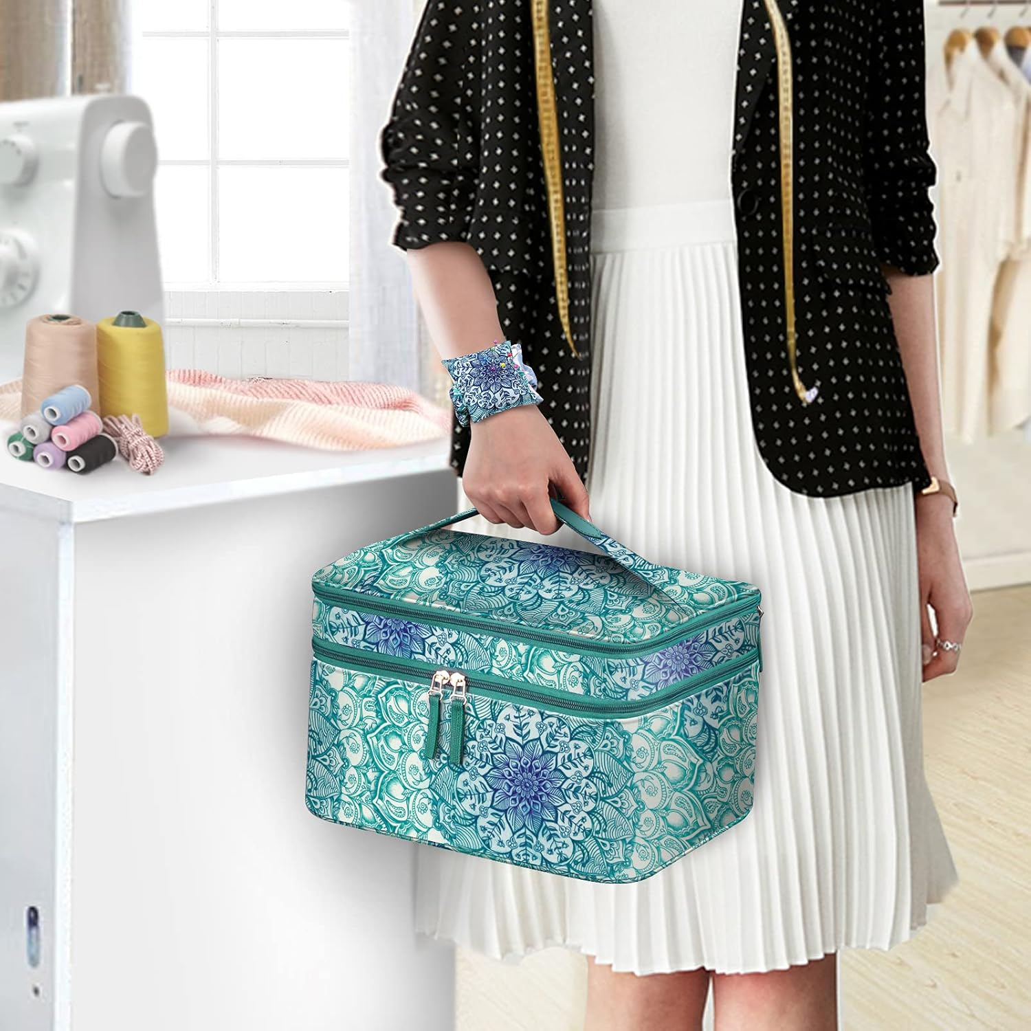 FINPAC Sewing Accessories Storage and Organizer Case, Double-Layer Sewing Kits Carrying Bag with Wrist Pin Cushion for Threads, Needles, Embroidery Floss Supplies, Felting Kits (Emerald Illusions) - Spring Bloom image number 6