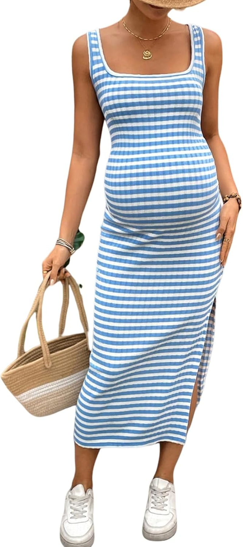Sleeveless Rib Knit Maternity Dress Side Slit Bump Fit Striped Bodycon Sweater Dress image number 2