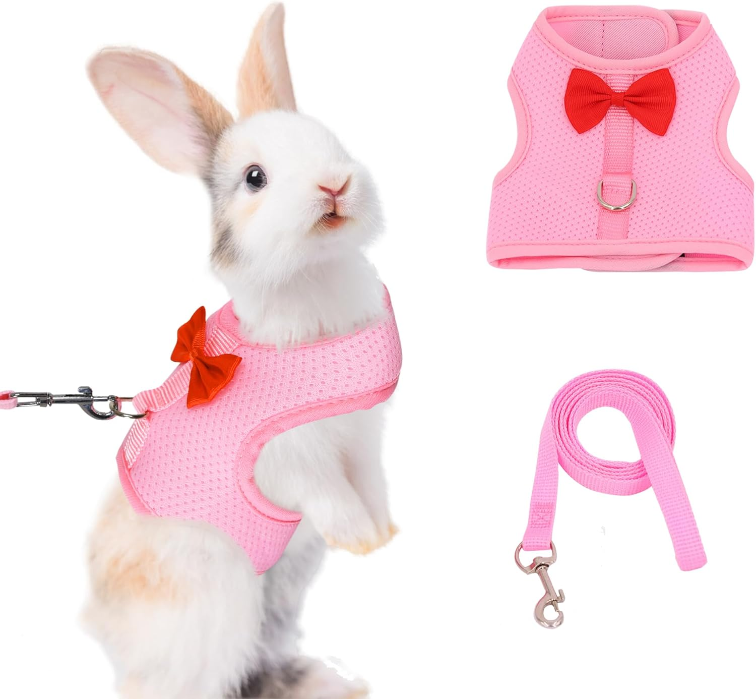 AIITLE Rabbit Harness and Leash Set with Cute Bow, Soft Breathable Mesh Vest Harness for Rabbits Kitten Ferret Puppy Small Pets Walking Supplies Pink S image number 5