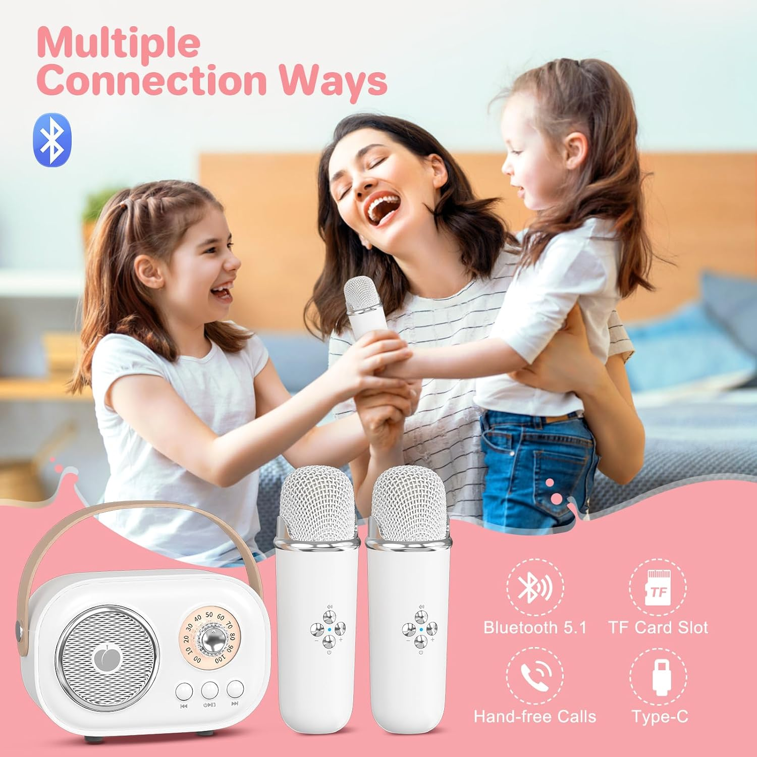 Mini Karaoke Machine for Kids Adults,Portable Bluetooth Speaker with 2 Wireless Microphones, Gifts Toys for Girls 3, 4, 5, 6, 7, 8+ Years Old Toddler Teens Birthday Family Home Party (White) - Beige image number 4