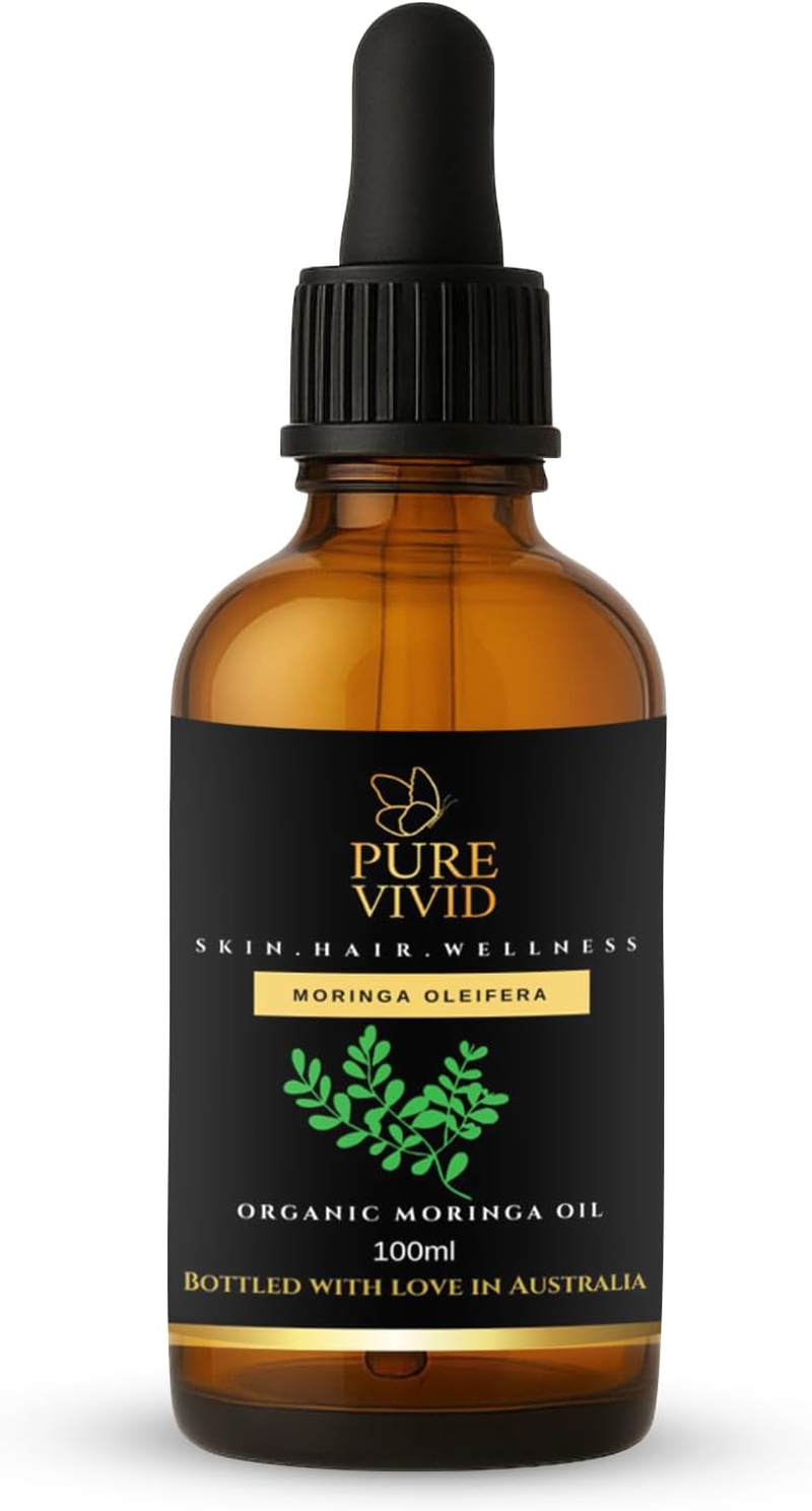 Pure Vivid Organic Moringa Oil &ndash; 100Ml Cold Pressed| 100% Pure | | Natural Carrier Oil for Skin, Hair & DIY Blends | Moringa Oleifera | Glass Dropper Bottle