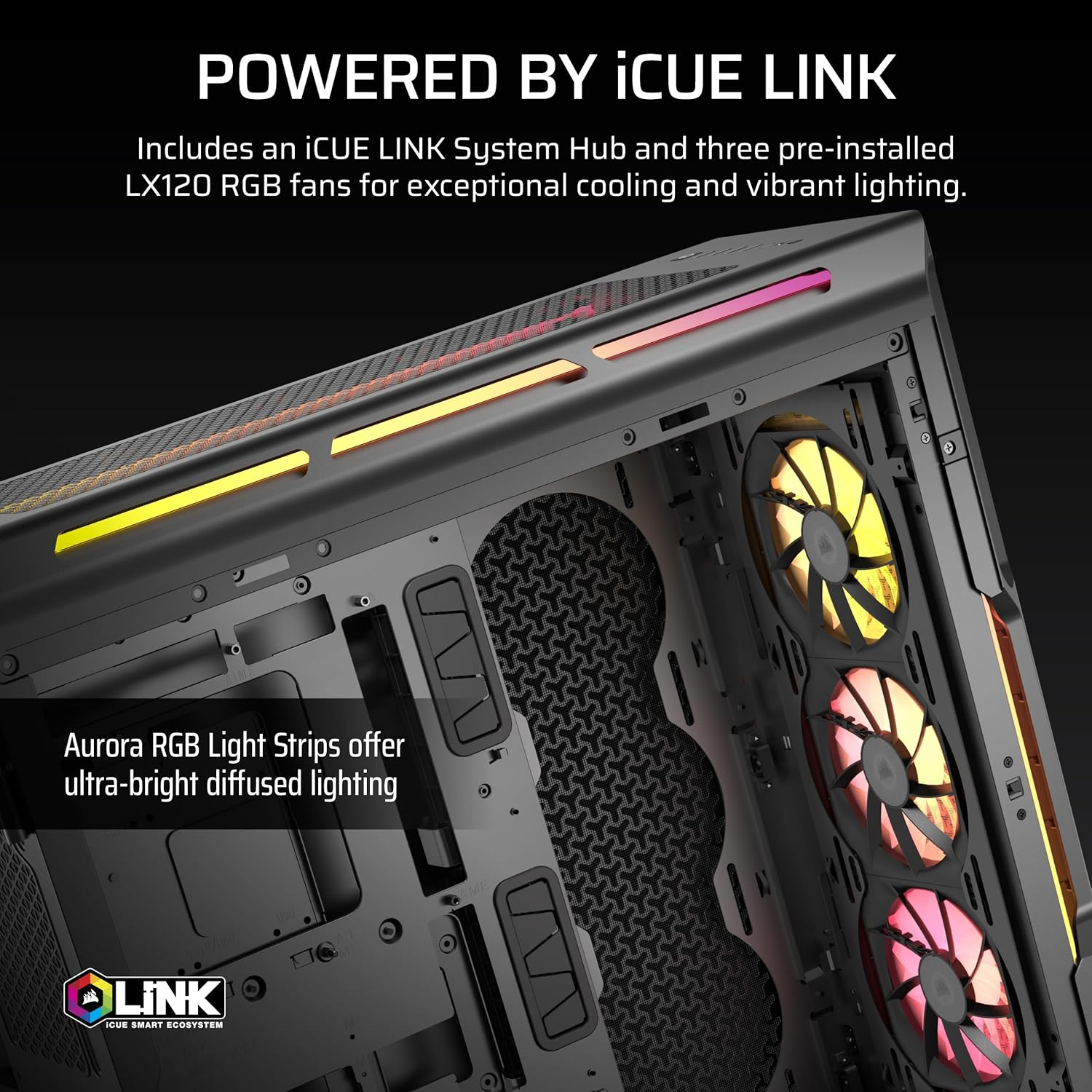 CORSAIR Icue Link 5000T LX RGB Mid-Tower ATX PC Case &ndash; 3X Pre-Installed LX120 RGB Fans, Integrated Aurora RGB Light Strips, Spacious Interior, Icue Link System Hub Included &ndash; Black - Black image number 1