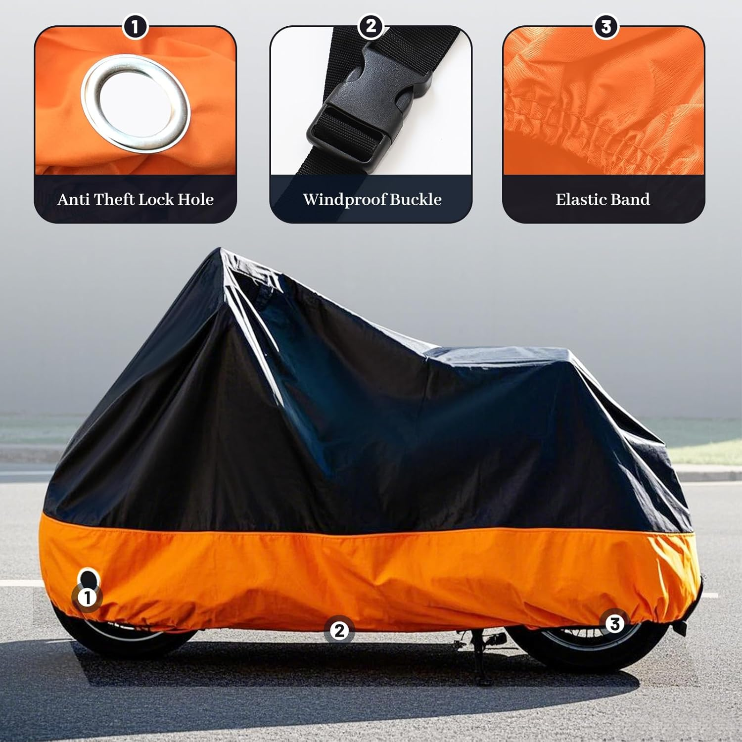 XYZCTEM All Season Black&Orange Waterproof Sun Motorcycle Coverfits up to 108 Harley Davisonhondasuzukikawasakiyamaha and More (XX Large)