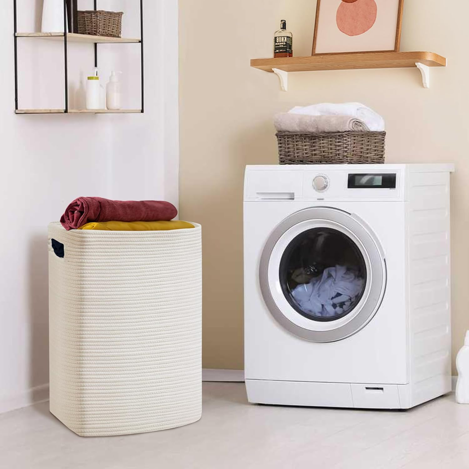 MEGASKET Large Laundry Hamper 16"X13"X22" - Tall Wicker Laundry Basket, Cotton Rope Dirty Clothes Hamper, Baby Kids Nursery White Hamper, 75L - Black image number 3