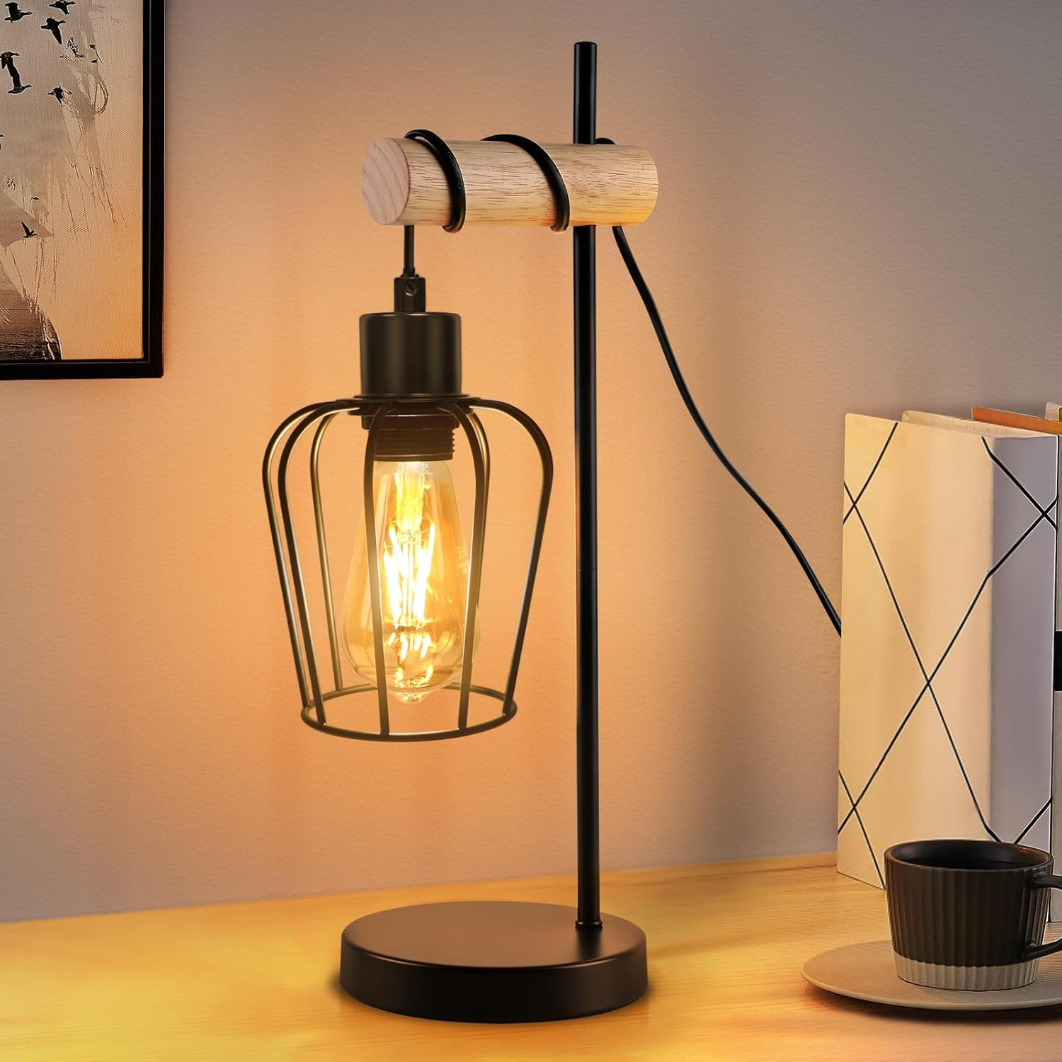ZMH Vintage Wooden Living Room Table Lamp: Black Bedside Lamp 1 Light Industrial Design Metal E27 Socket Retro for Hotel Room - without Bulb
