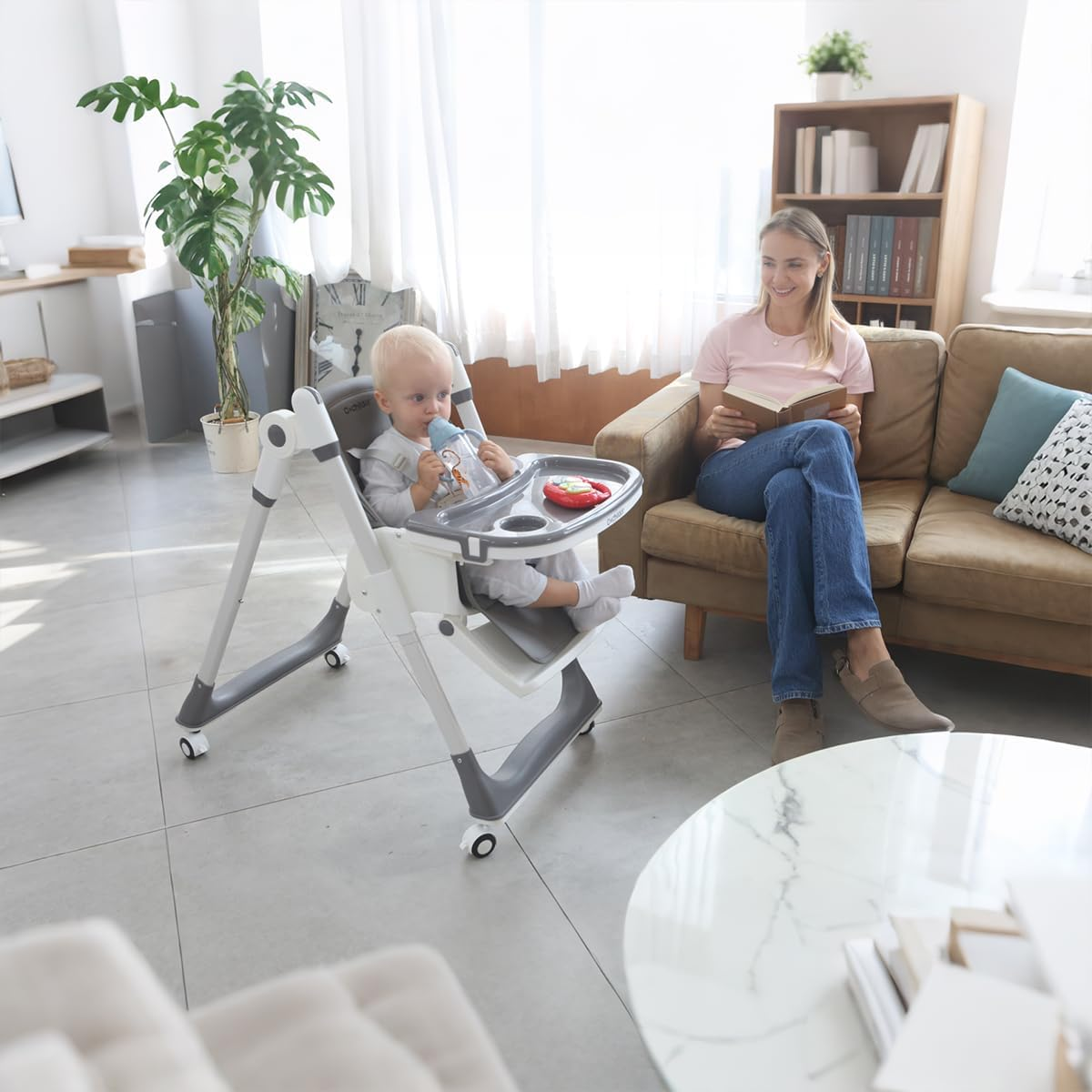 Cochildor 3 In1 High Chair, Easy Clean Foldable Highchair with Adjustable Height, Reclining Mode, 5-Point Safety, Removable Tray, Lockable Wheels, Washable Cushion, Idealfor Babies & Toddlers, Grey - Green image number 6