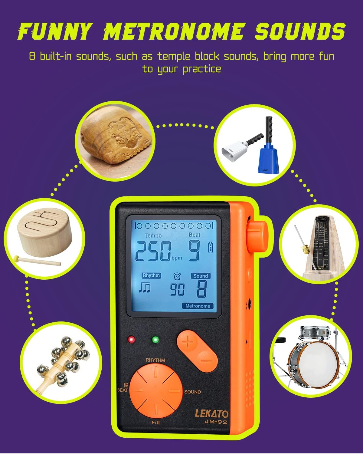 Electronic Digital Metronome for Piano Guitar Drum Ukulele Practice, Metronome with Timer, 8 Beat Tones, Tone Generator for All Instruments, Black Orange, by LEKATO image number 5