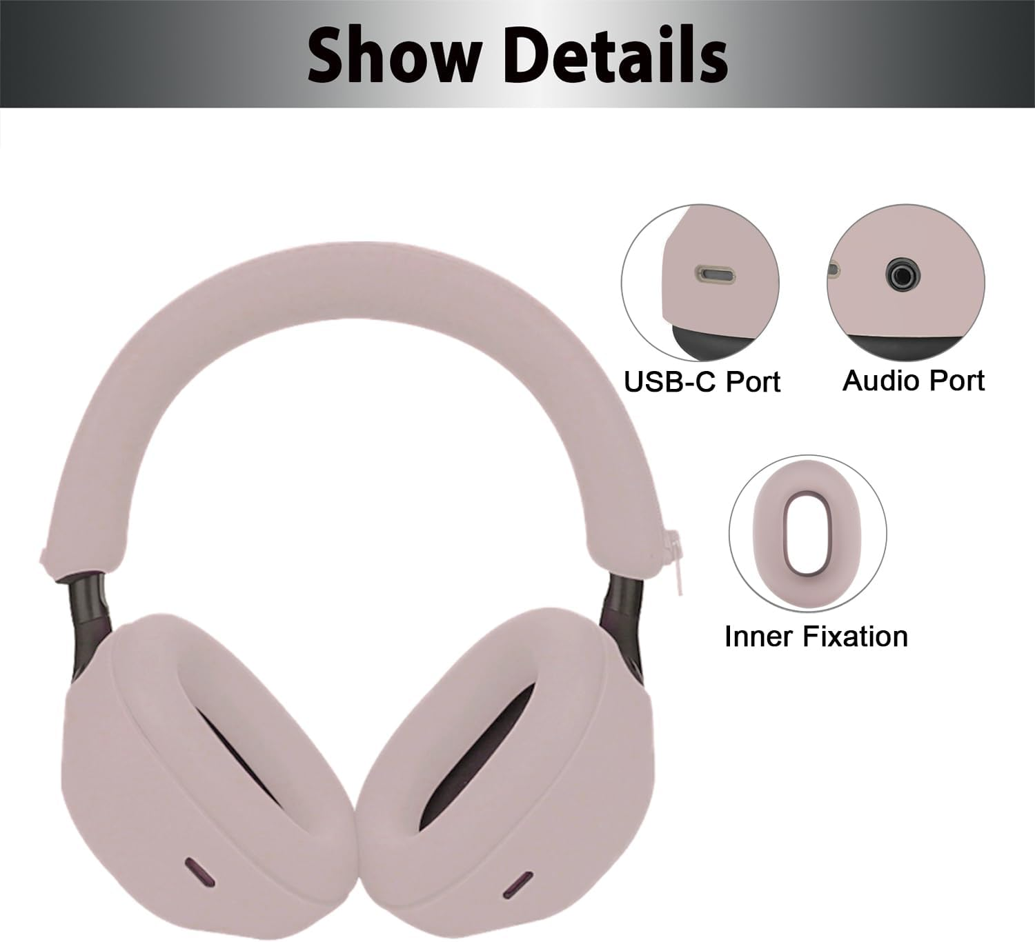 Adhiper 3Sets Silicone Sweat Case Cover for Sony WH-1000XM5 Headphones, XM5 Covers Accessories Silicone Ear Pads Covers & Headband Cover & Ear Cups Protector, Washable & Sweatproof - Smoky Pink - Off White image number 2