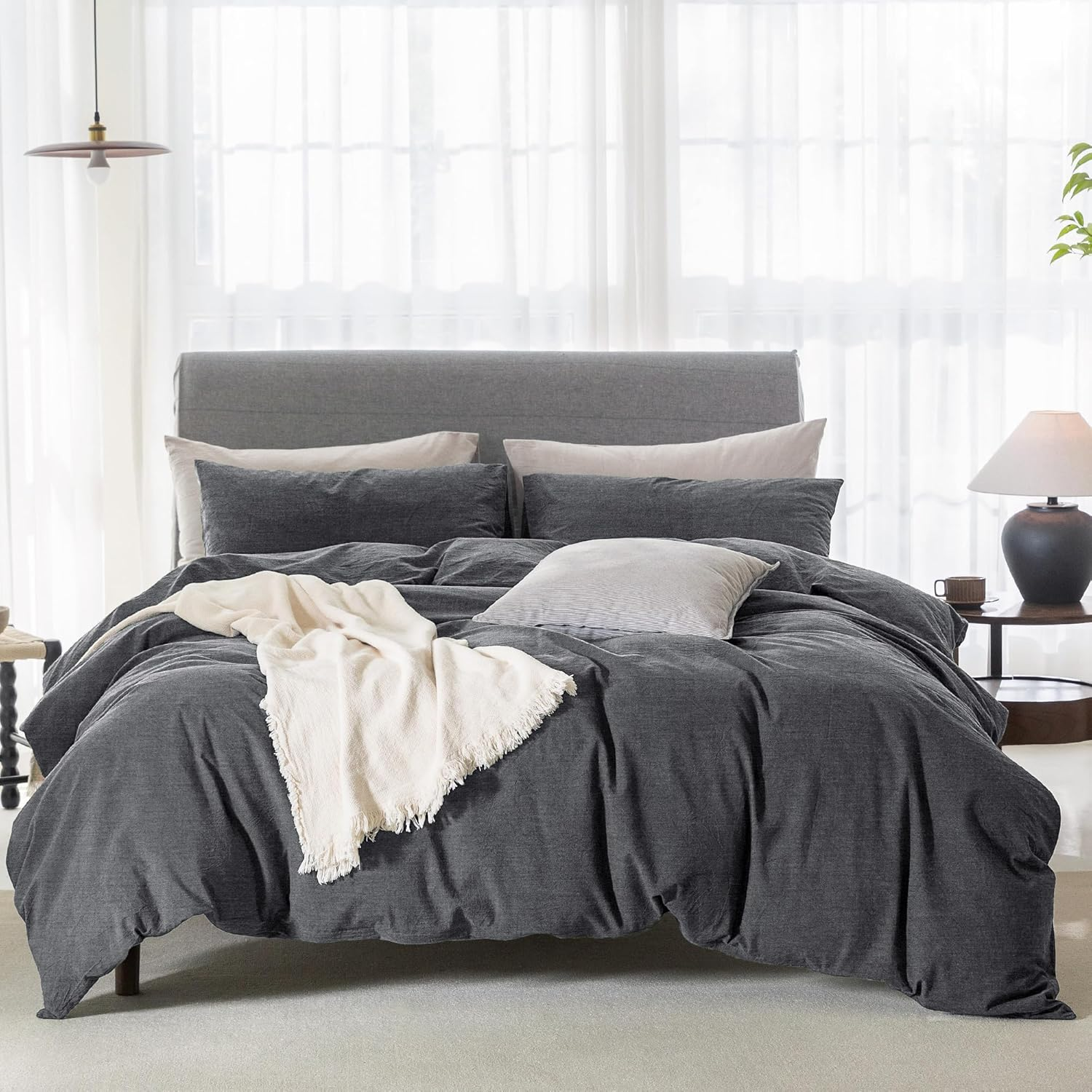 ELIMMO Duvet Cover Set Linen Texture 100% Cotton Fabric Durable Breathable Natural Dreamy Chic Feel (Forest Green, Queen)