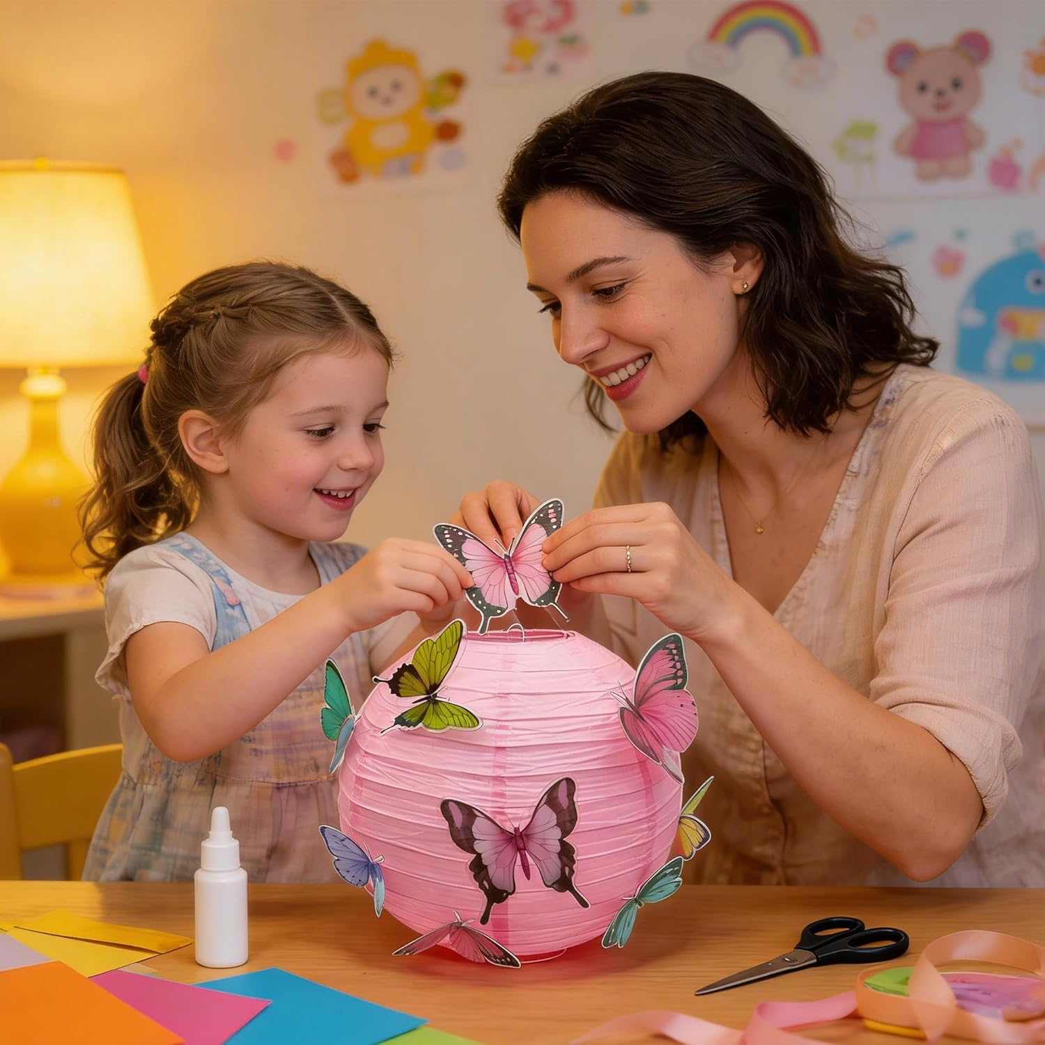 Niuhong round Paper Lantern, Lampshade with Butterfly, Children'S Pendant, Paper Lantern, Spring Theme Decorations for Party, Birthday, Christening, Garden, Wedding Decoration (Pink, 30 Cm), Pack of 2 image number 4