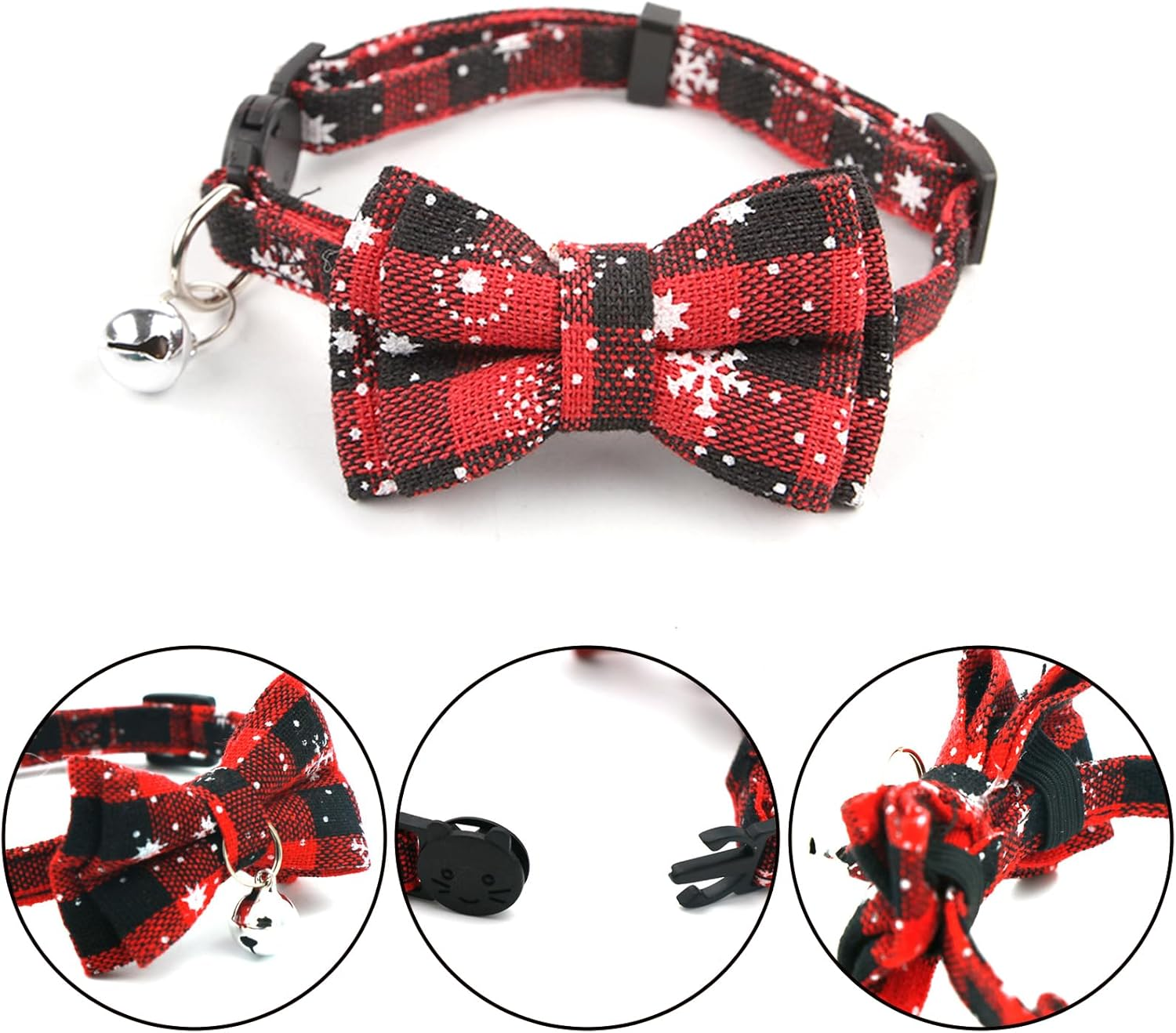 Pack of 3 Christmas Cat Collar Adjustable, Red Green Checked Snowflakes Cat Collars with Bow Tie & Bells Christmas Cat Costume Accessories Accessories, Easy to Wear and Remove image number 1
