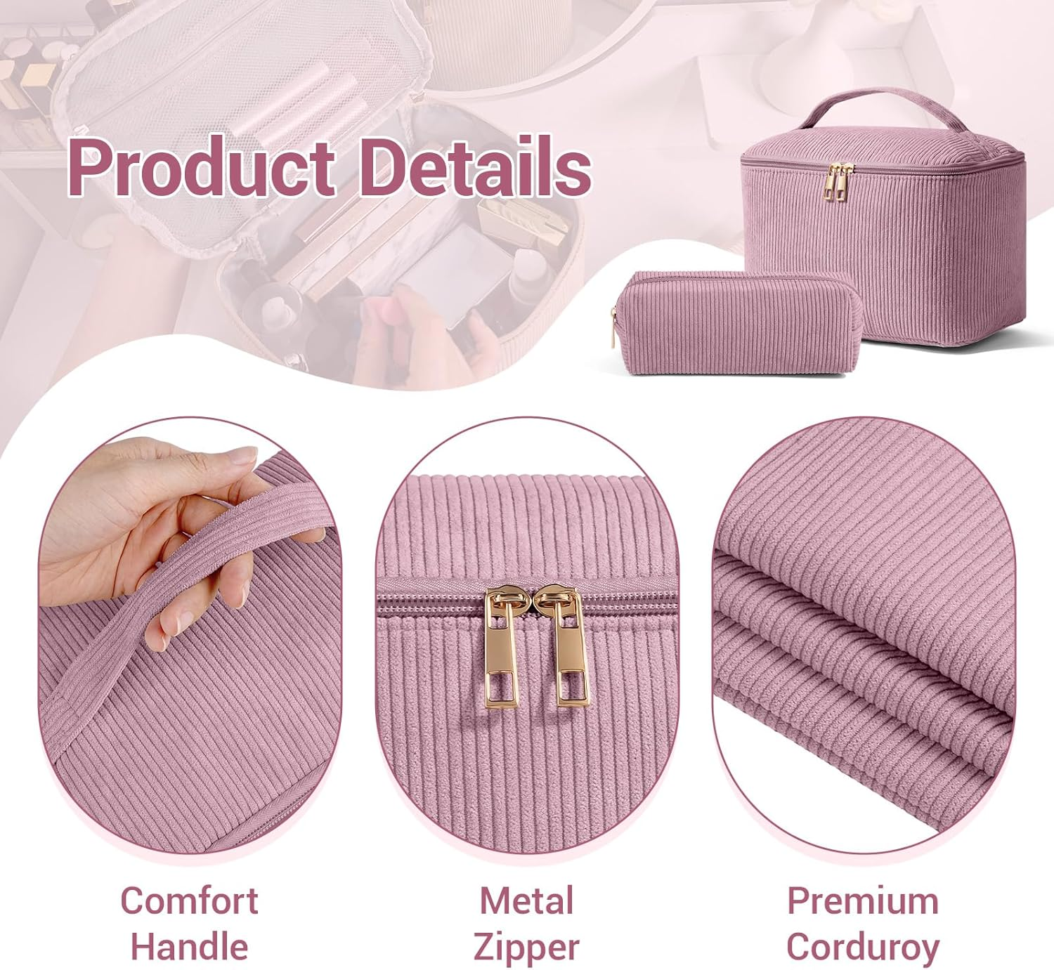 MAGEFY 2Pcs Makeup Bag,Cosmetic Bag Large Capacity with Handle Small Makeup Bag for Purse, Travel Makeup Pouch for Women (Pink)