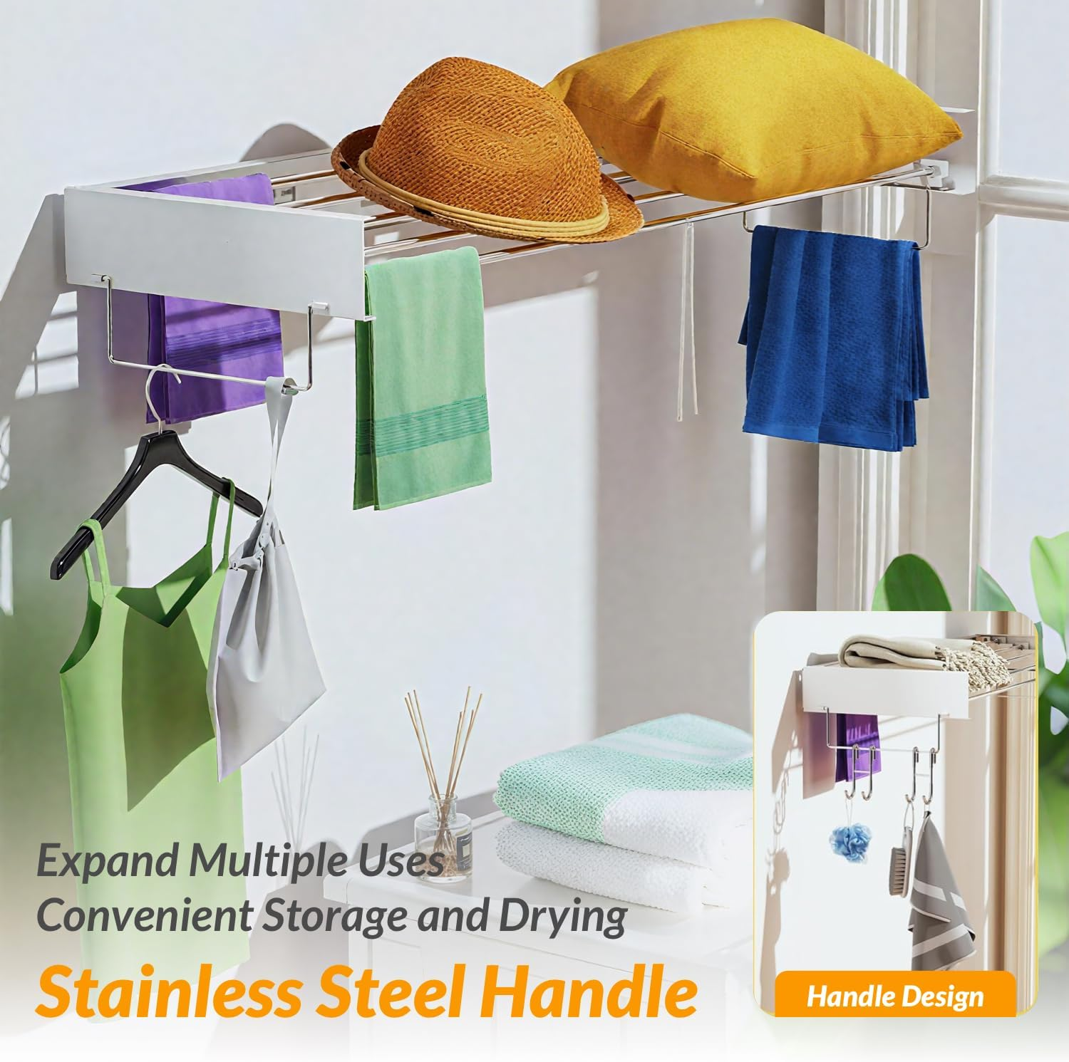 Hormes Wall Mounted Clothes Drying Rack 100CM, Foldable Indoor Clothes Line & Laundry Drying Rack with 5 Stainless Steel Rods, with 2 Towel Handles & Wall Template, 50KG Capacity for Indoor & Outdoor image number 2