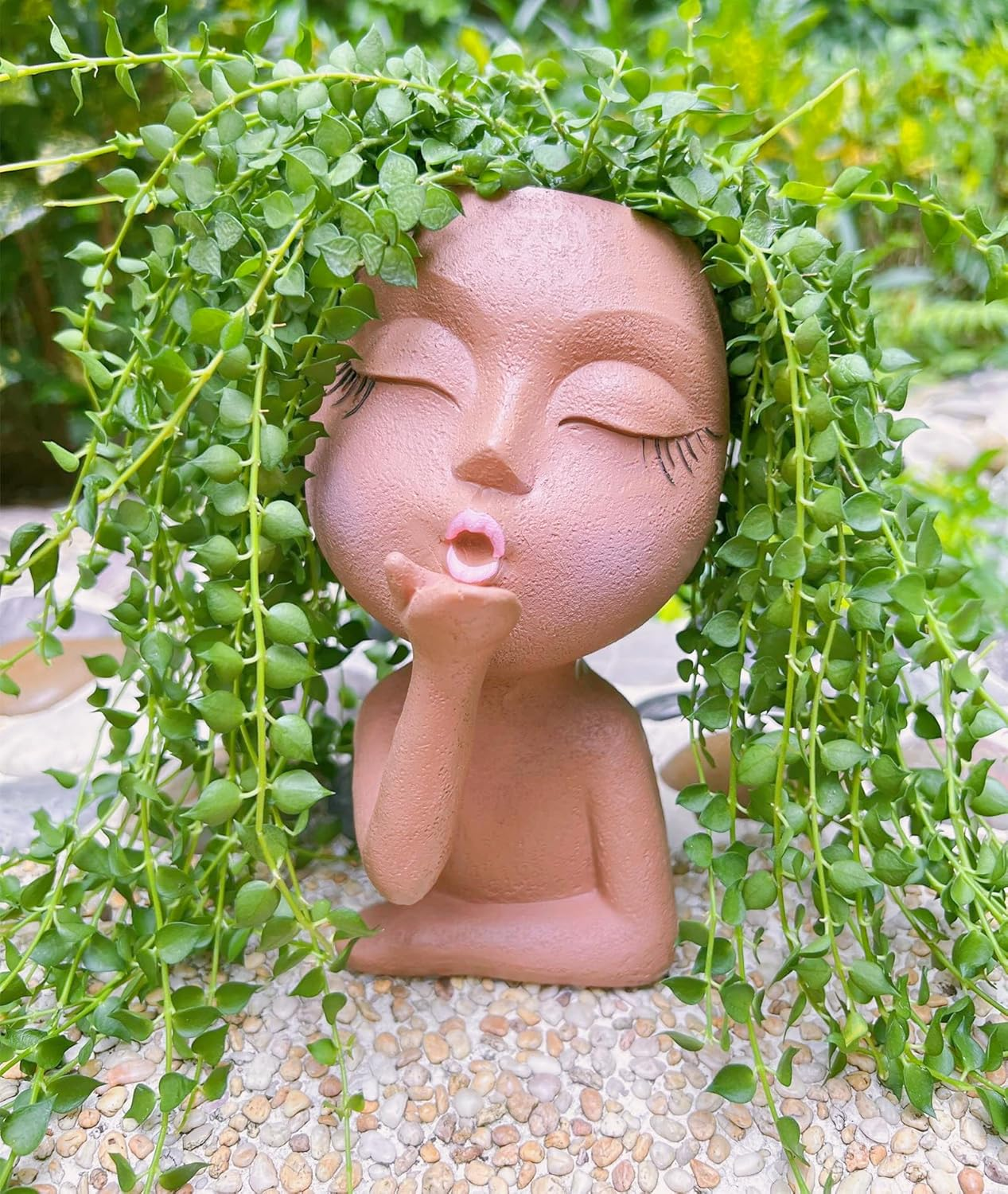 Eylbkey Brown Resin Handcrafted Cute Flower Pot, Suitable for Indoor and Outdoor Use, with Drain Hole and Anti-Friction Pads - White image number 7