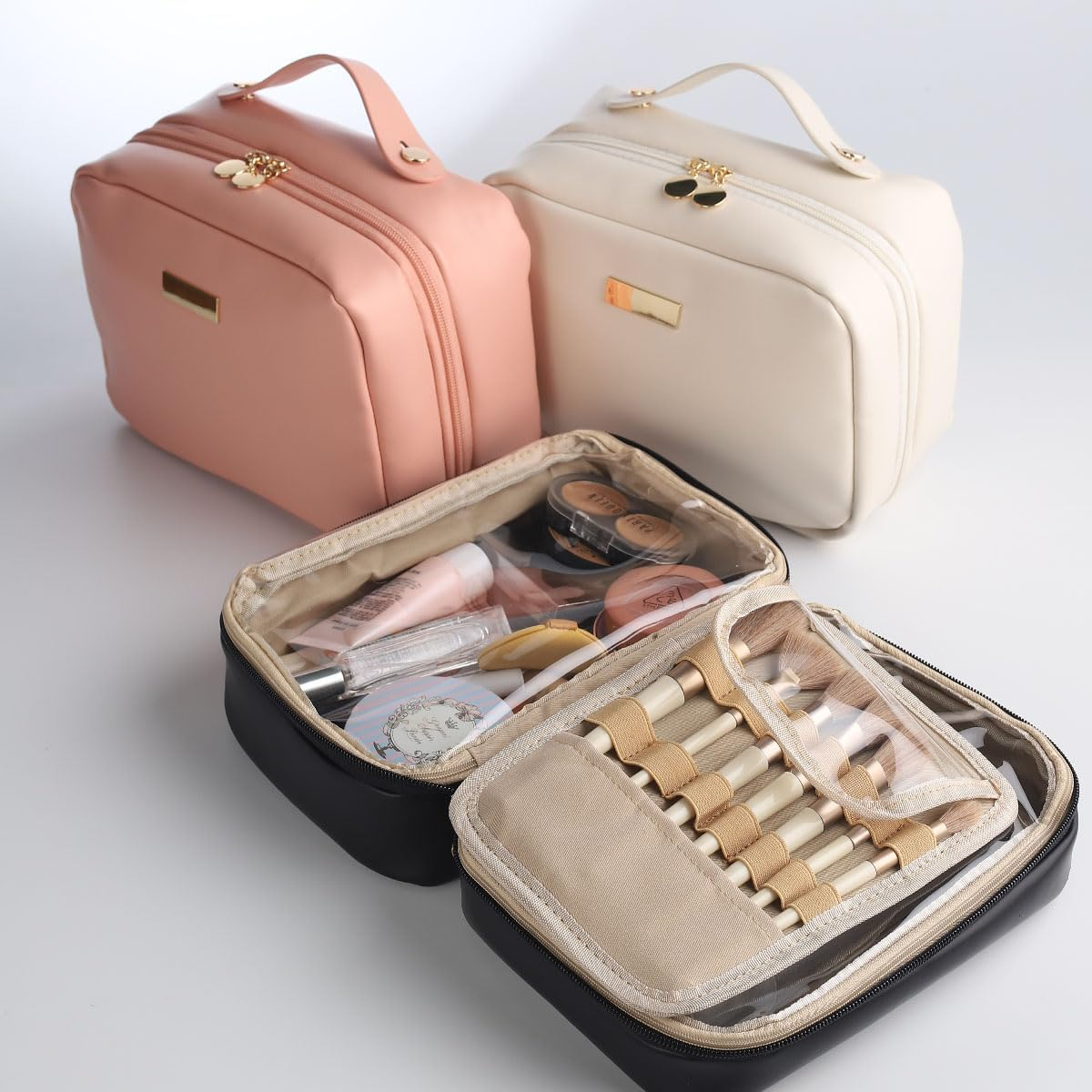 DDPOND Portable Large Capacity Cosmetic Bag, Skincare Products, Makeup Brush Storage, Double Layer (White) - Pink image number 7