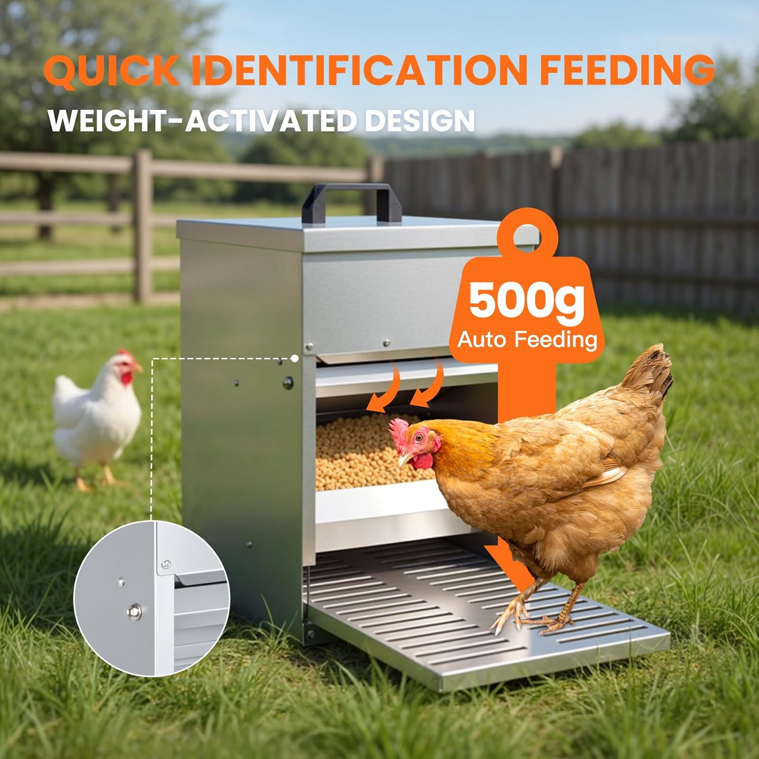 Advwin Automatic Chicken Feeder, 22Kg Capacity, Galvanized Metal Poultry Feeder with Lid & Lock, Weatherproof Outdoor Coop Food Dispenser Suitable for Geese and Ducks image number 5