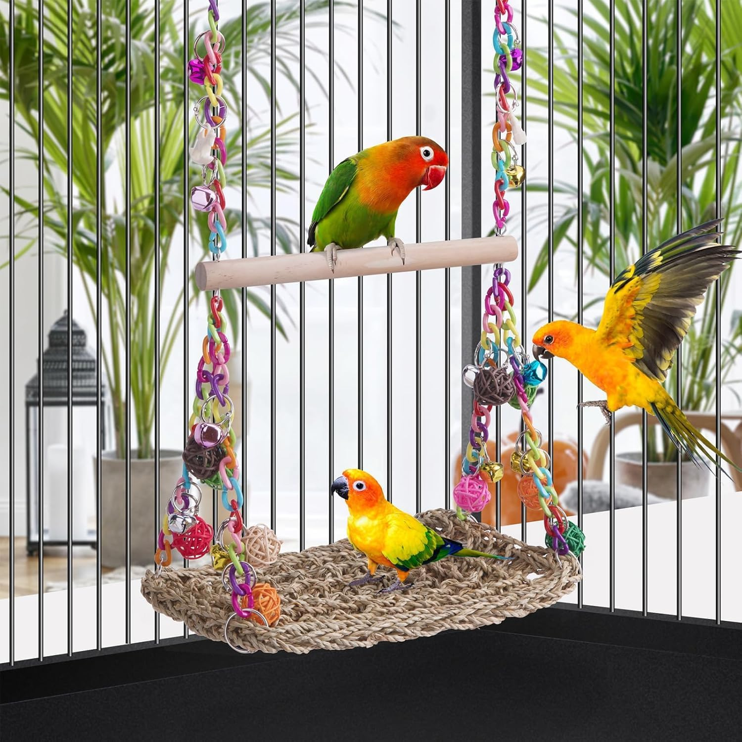 Cozioz Cozioz Bird Swing Toy with Wooden Perch &ndash; Seagrass Woven Parrot Platform, Hanging Hammock & Chewing Toy &ndash; Ideal for Parakeets, Budgies, Conures, Cockatiels & Lovebirds image number 3