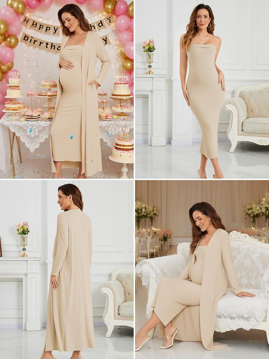 Ecavus Maternity Tube Dress Long Cardigan 2 Piece for Baby Shower and Wedding Guest Ribbed Maternity Photoshoot Dresses image number 4