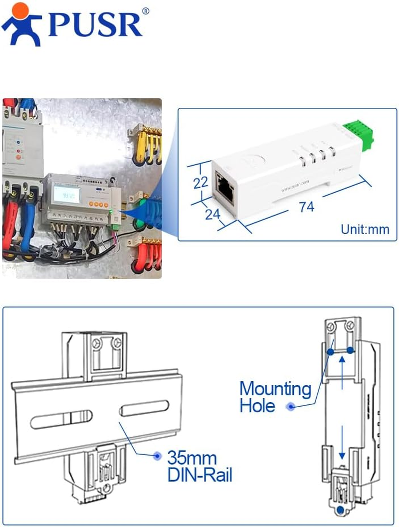 PUSR Din Rail Lipstick RS485 to Ethernet Server for Serial Devices Modbus Gateway 2 Ports USR-DR134