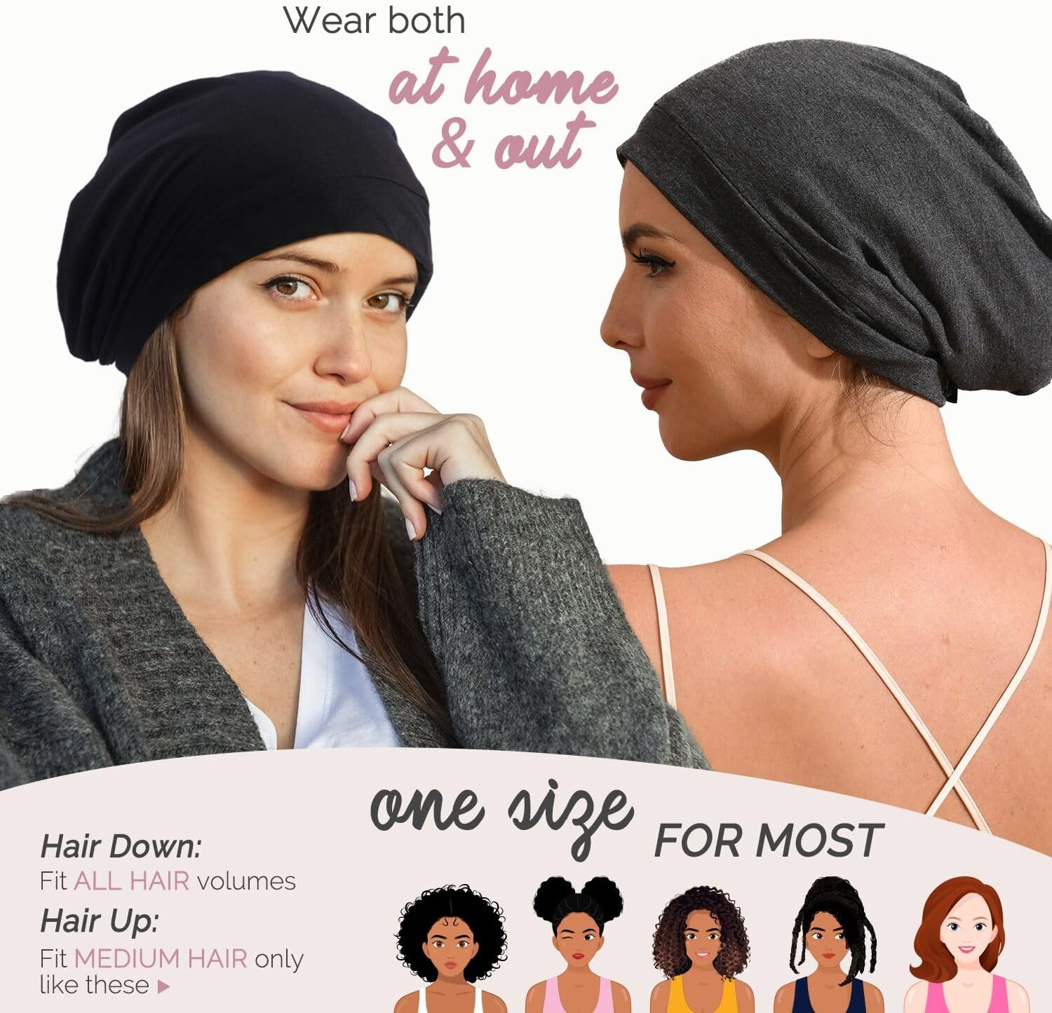 Hat Hut 100% Mulberry Silk Lined Sleep Cap Pure Silk Bonnet for Curly Hair Wrap Bonnet for Sleeping Slouchy Beanie for Men Women - Black image number 5