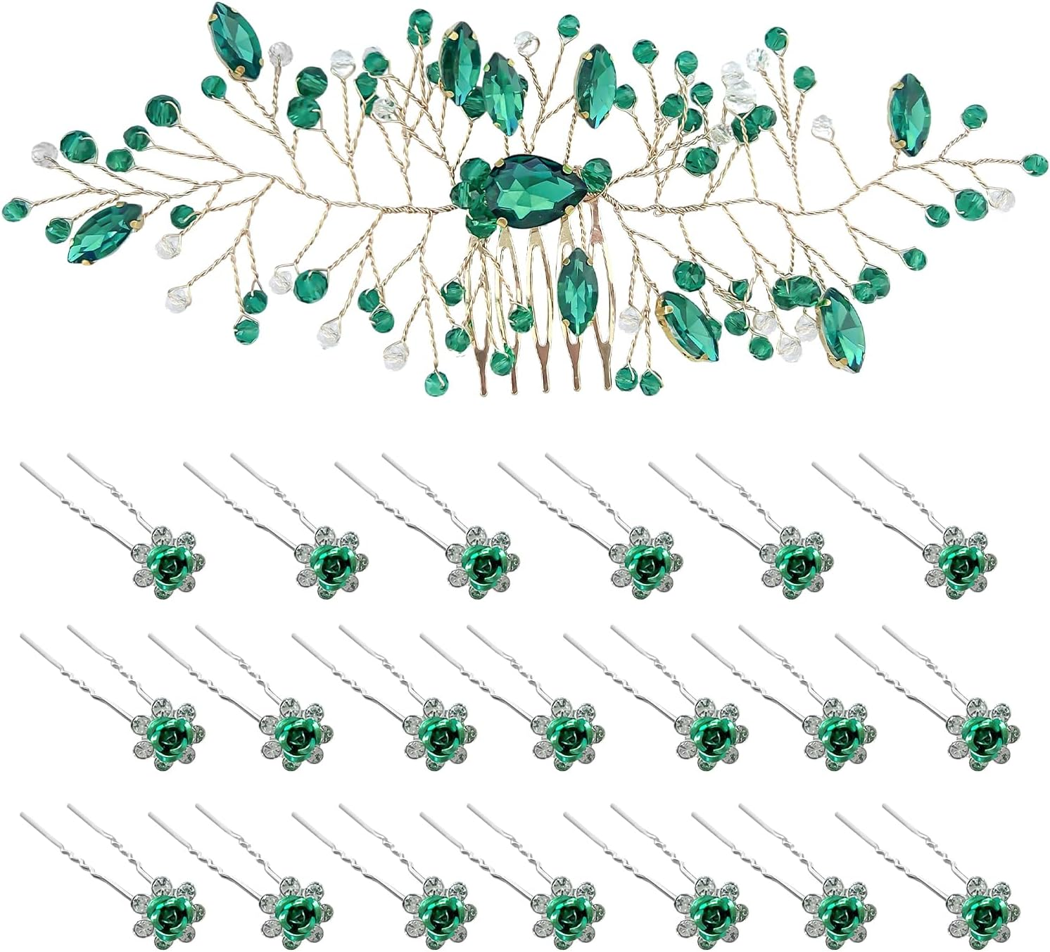 20 Pieces Rose Flower Hair Pins and 1 Piece Emerald Green Hair Comb Wedding Hair Accessories Bridal Hair Accessories for Women and Girls Prom Bridesmaid Party Gift image number 4